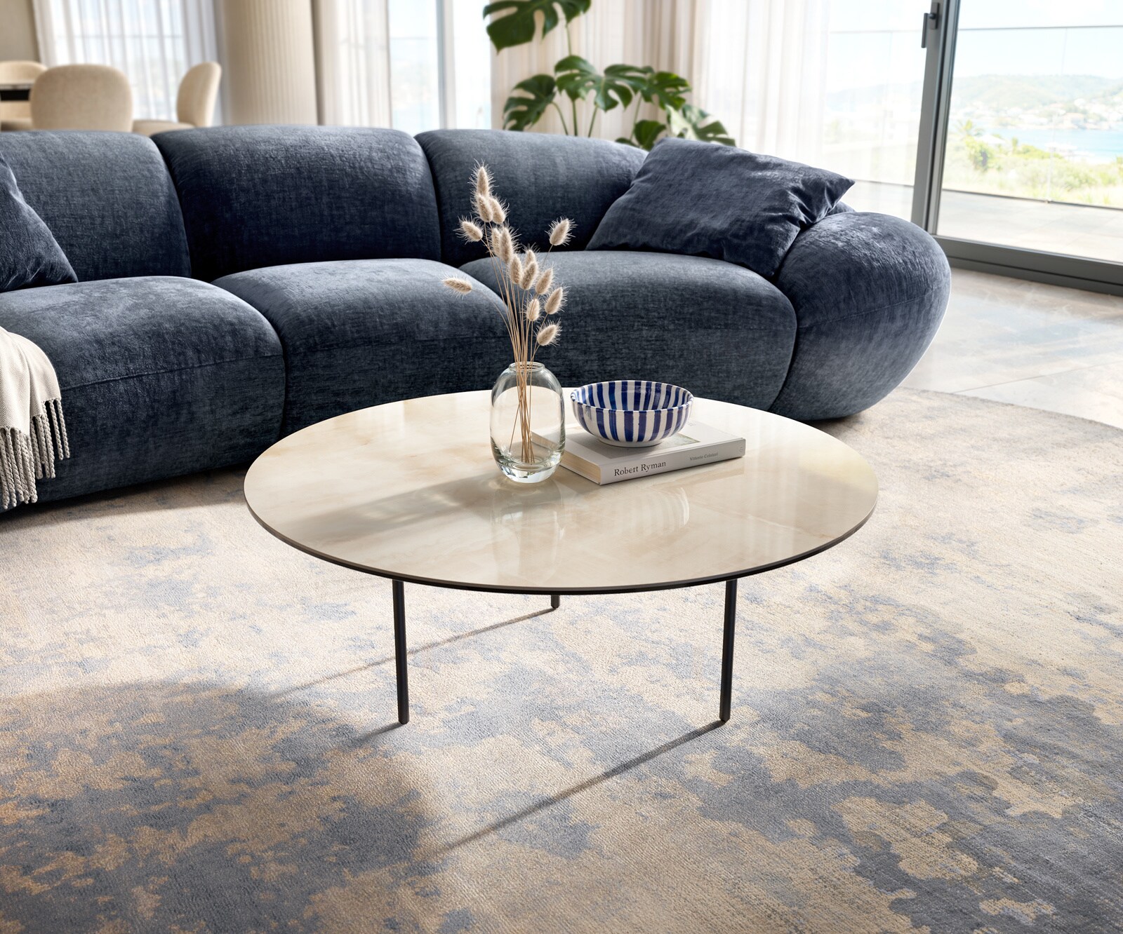 Couchtisch Edge Rund 90x90 cm Keramik Onyx Champagne Trive Metall Schwarz