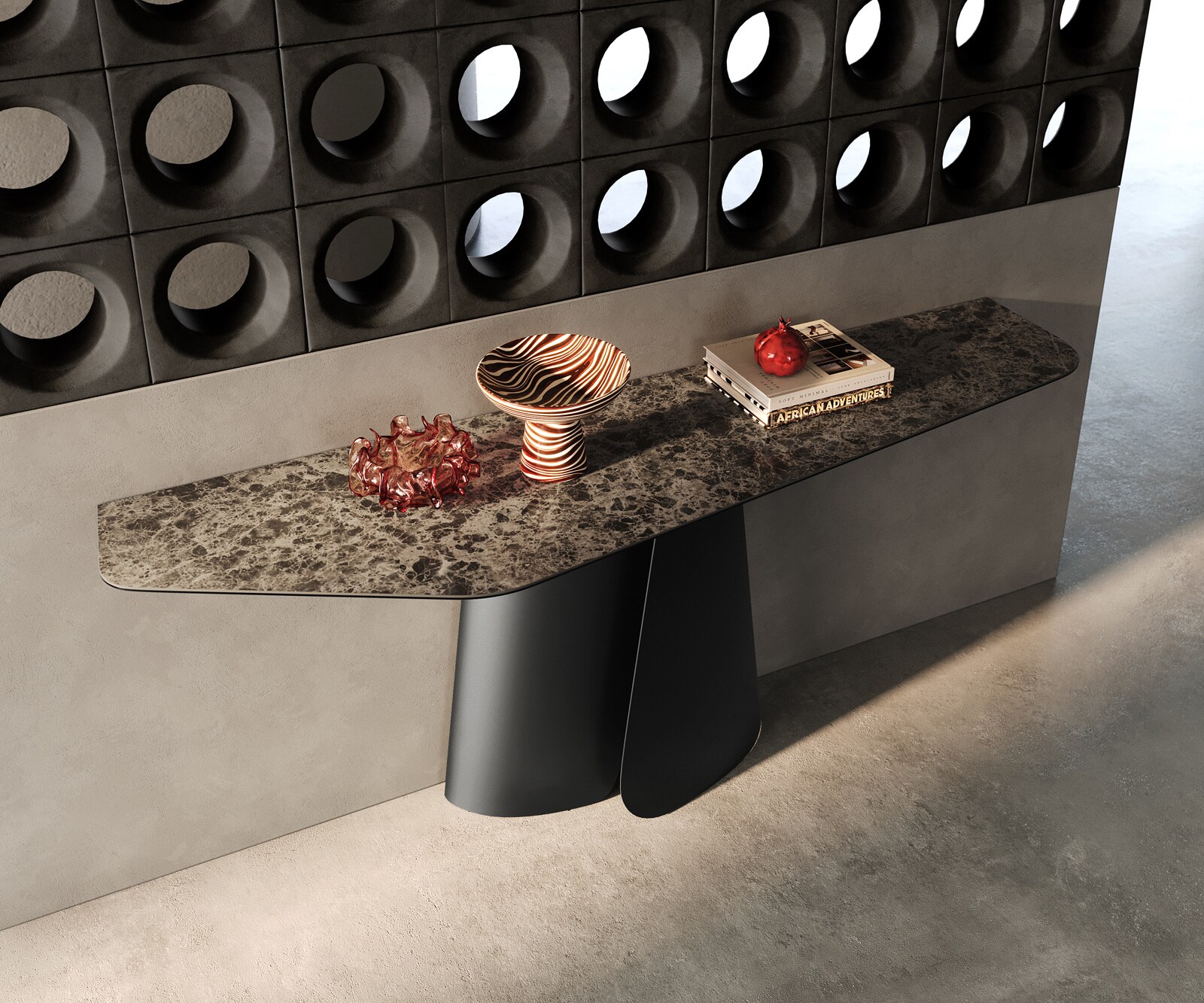 Konsolentisch Edge Polygonal 180x50 cm Keramik Emperador Extra Lucidato Dunkelbraun Livos Metall Schwarz 1