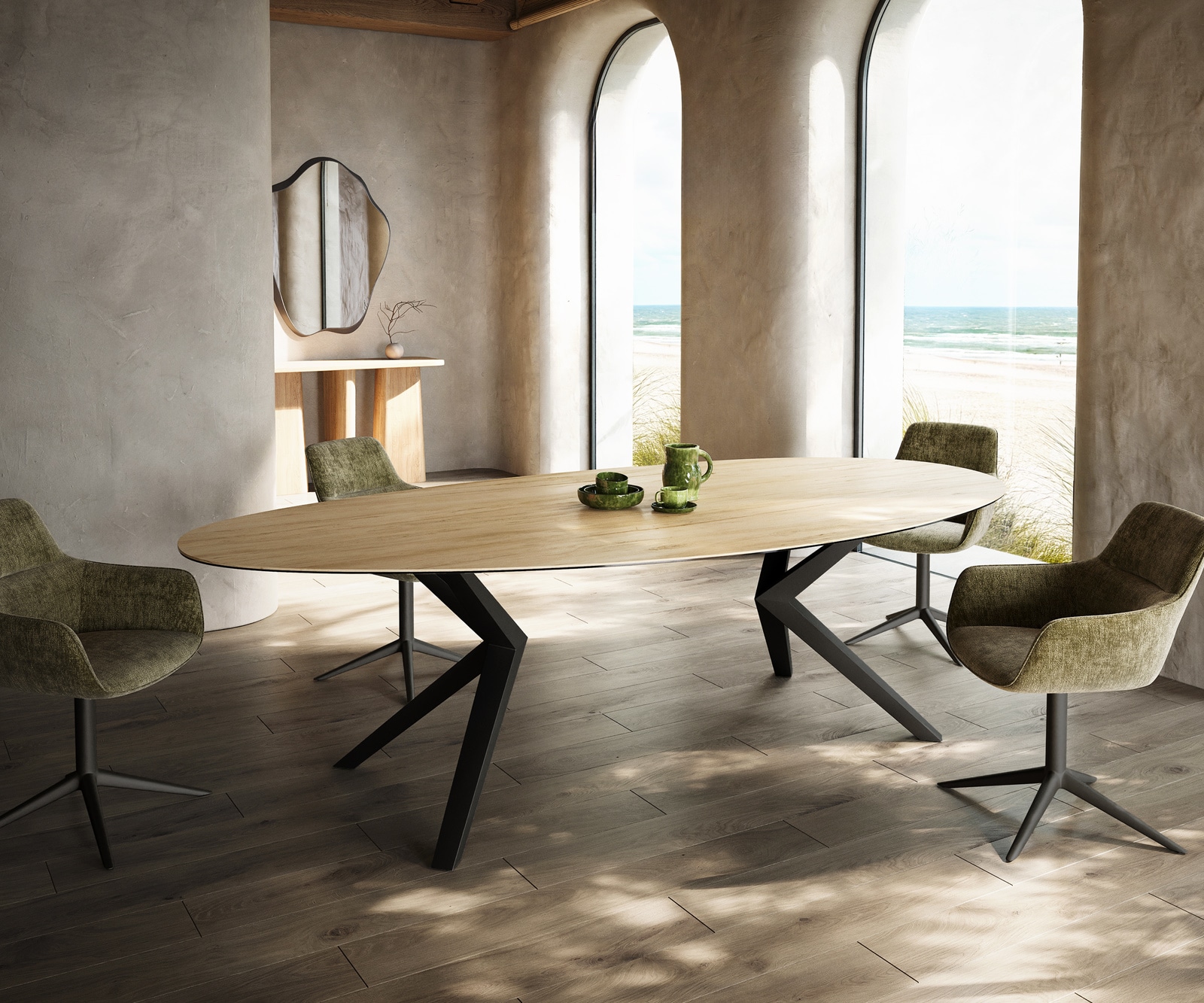 Esstisch Edge Oval 280x130 Keramik Laminam® Sabbia Eichefarbig Zenthara kantig Metall Schwarz 1