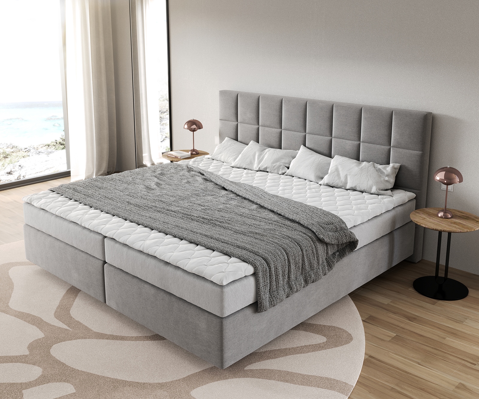 Boxspringbett Dream-Fine Mikrofaser Grau 200x200 cm Bonell-Matratze PU-Topper 4