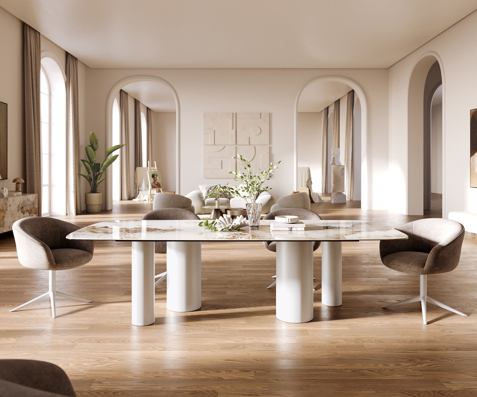 Esstisch Edge Boot 260x120 cm Keramik Minas Melange Weiß-Beige Pilier Metall Weiß 2