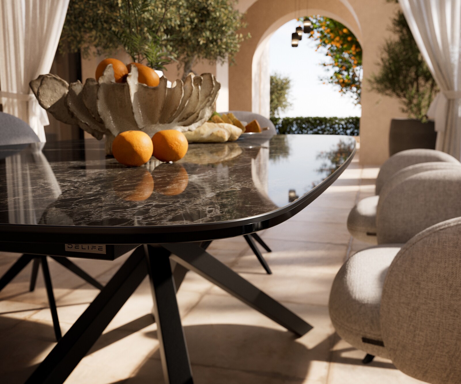 Outdoortisch Edge Boot 240x120 cm Keramik Laminam® Emperador Extra Lucidato Dunkelbraun Kreuzgestell Rechteck Schwarz 3