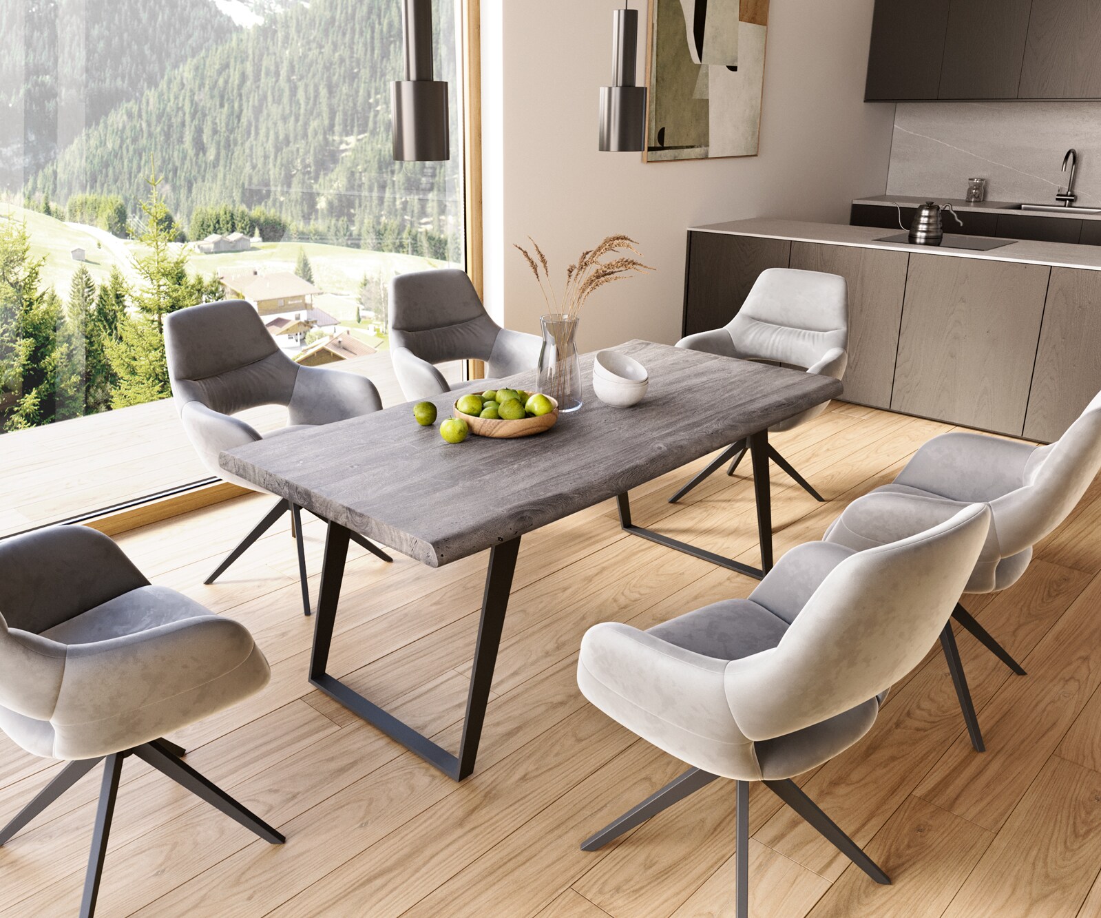 Esstisch Edge 180x90 XL Akazie Platin Metall Schräg Schwarz Live-Edge 6