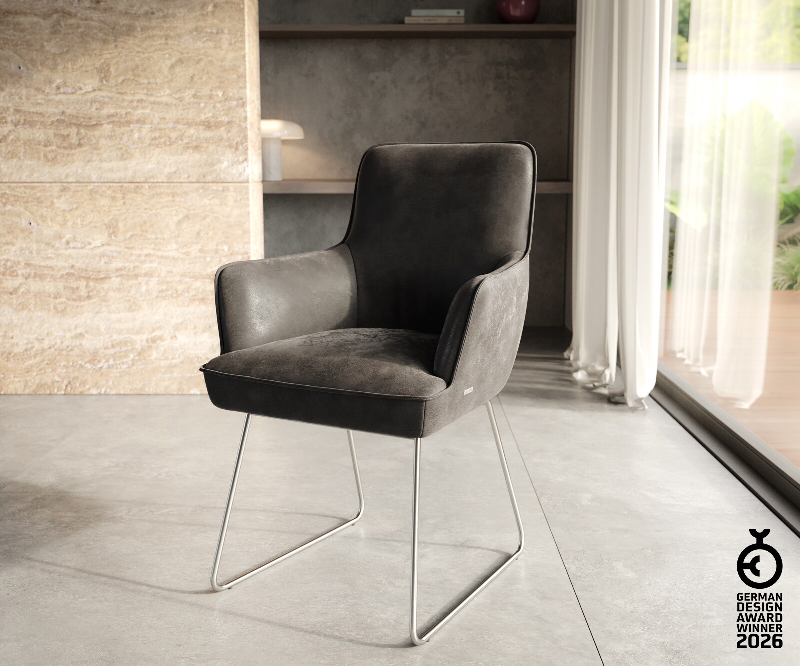 Esszimmerstuhl Heira-Flex mit Armlehnen Mikrofaser Anthrazit Vintage Kufengestell Edelstahl Taschenfederkern