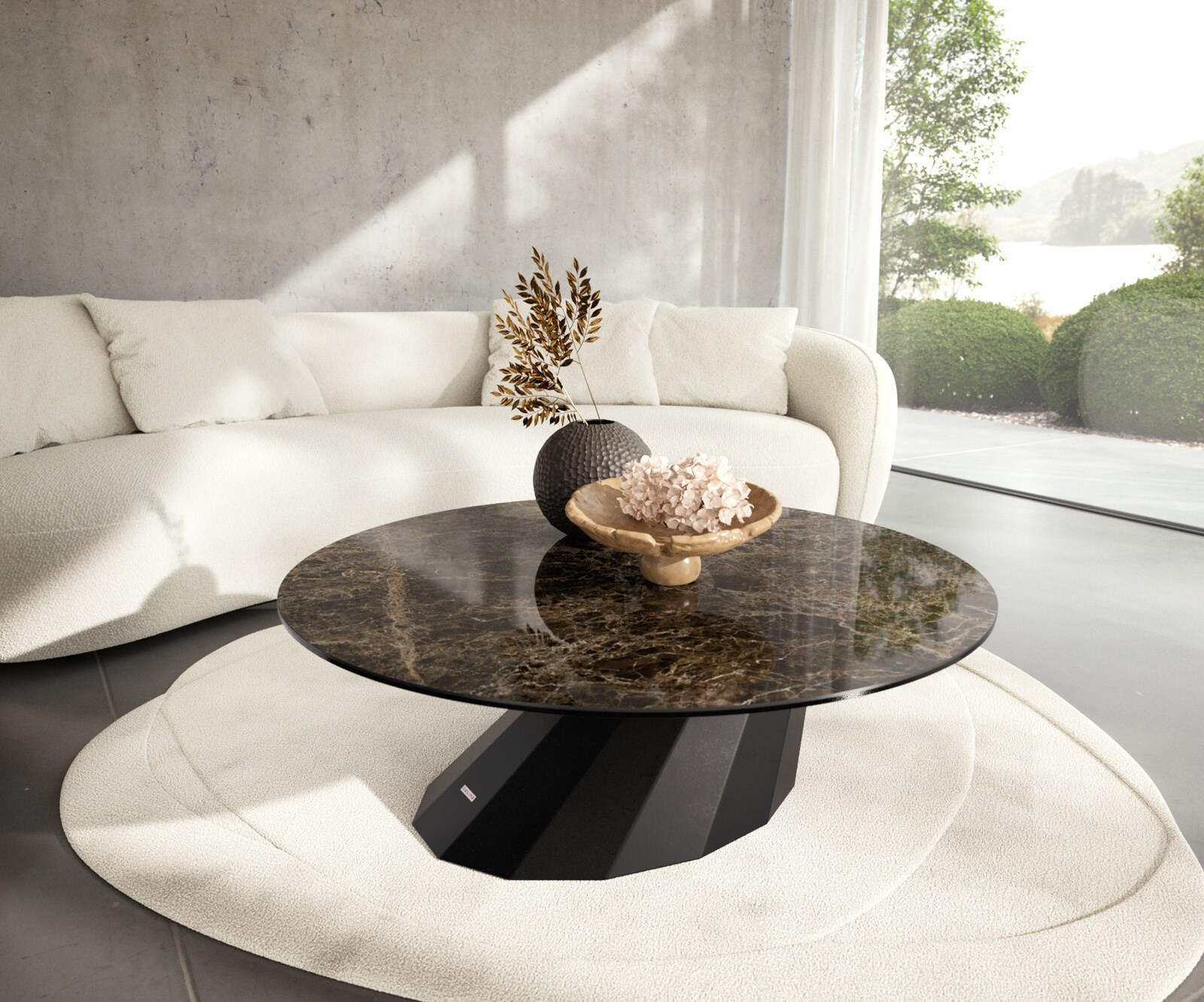 Couchtisch Edge Rund 100x100 cm Keramik Emperador Extra Lucidato Dunkelbraun Parabi Metall Schwarz