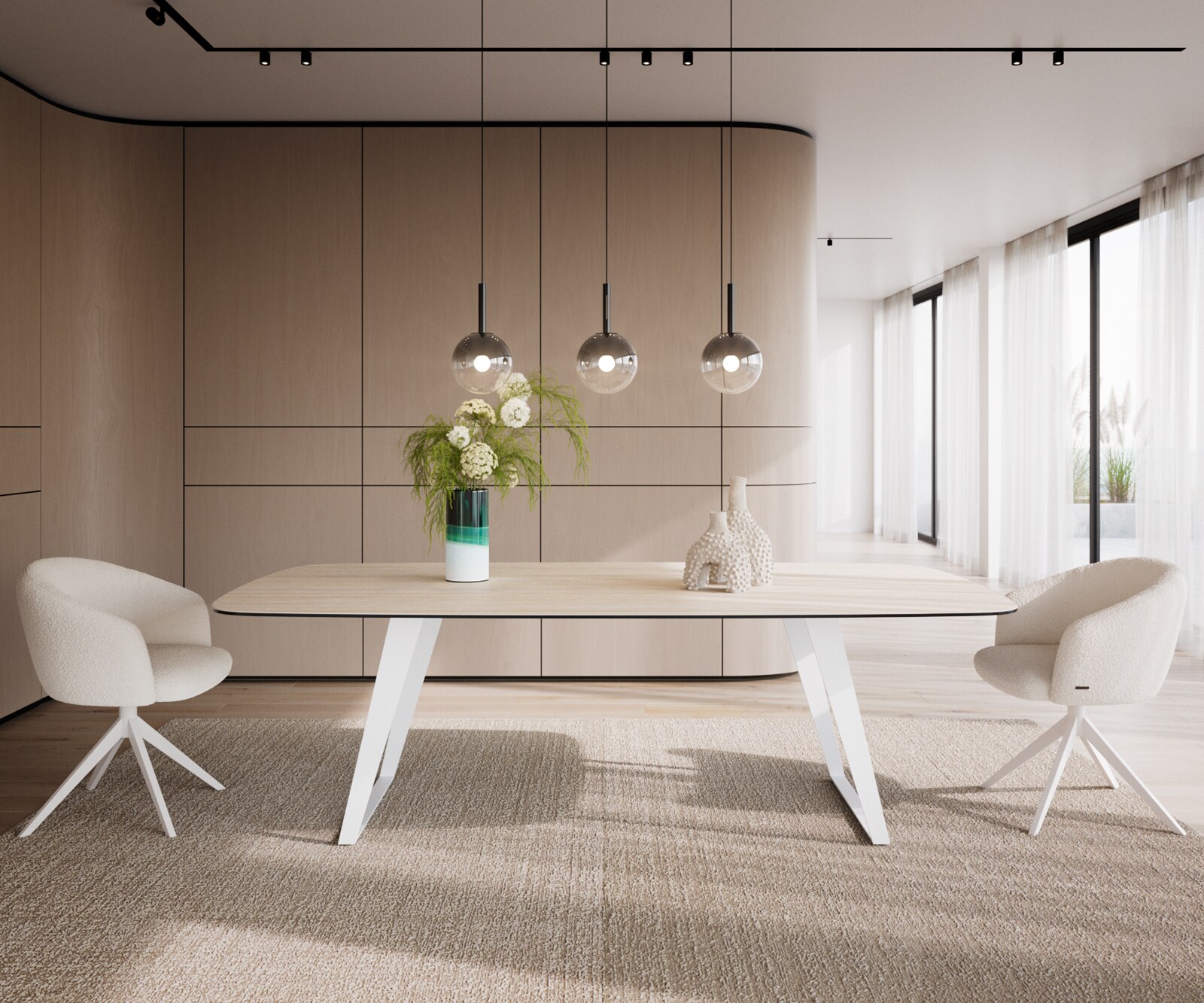 Esstisch Edge Boot 240x120 cm Keramik Travertin Natur Metall Schräg Weiß 2