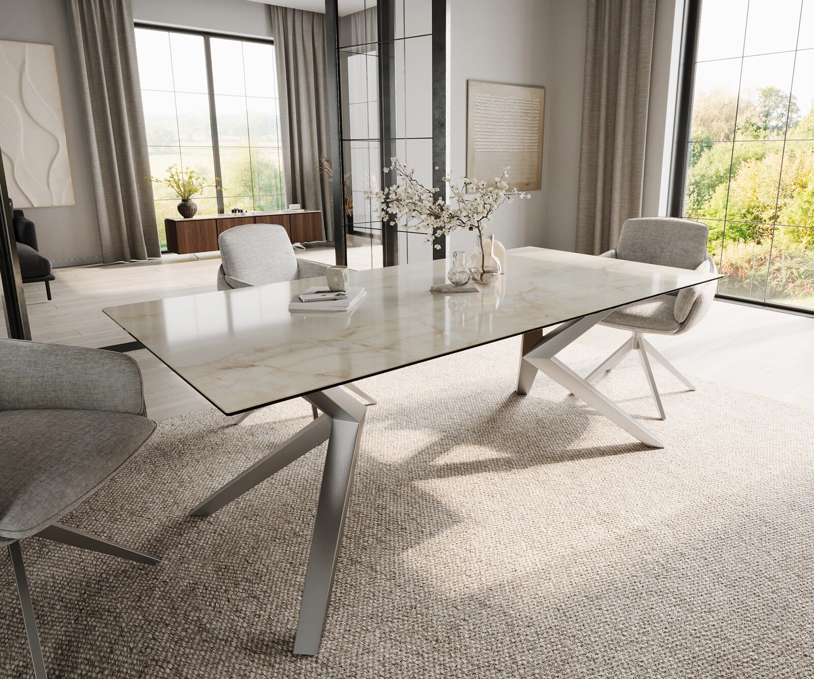 DELIFE Esstisch Edge 200x100 Keramik Laminam Onice Oro ℃Zenthara kantig Edelstahl