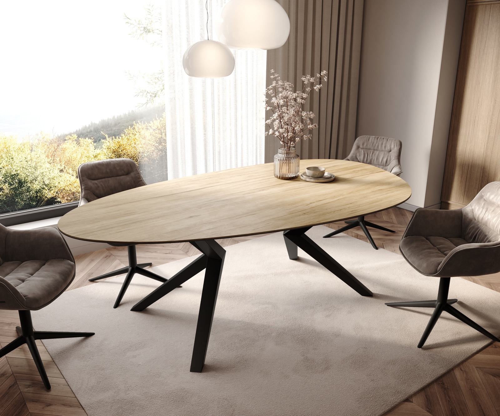 Esstisch Edge Oval 220x120 Keramik Laminam® Sabbia Eichefarbig Zenthara kantig Metall Schwarz