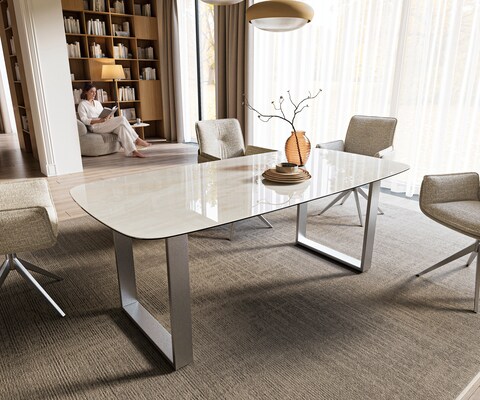 Esstisch Edge Boot 200x100 cm Keramik Onyx Champagne Edelstahl Breit