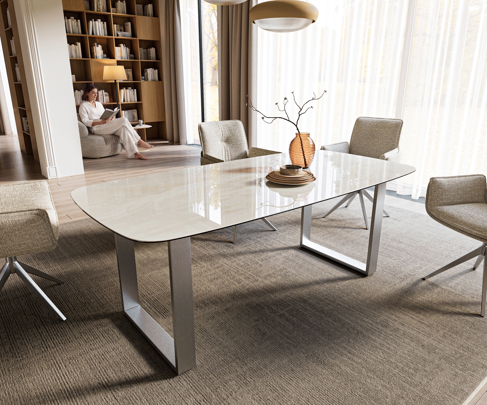 Esstisch Edge Boot 200x100 cm Keramik Onyx Champagne Edelstahl Breit
