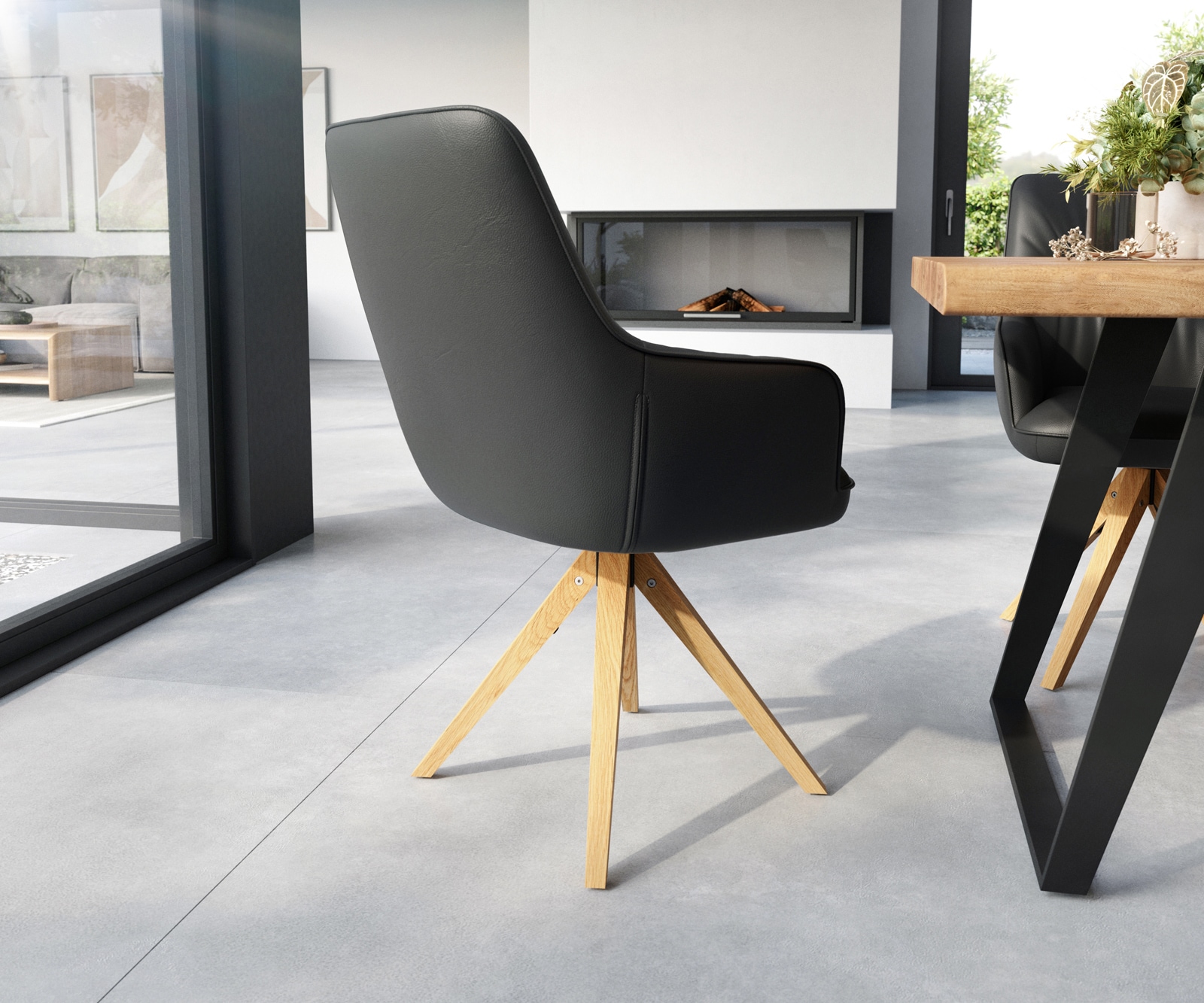 Esszimmerstuhl Zelia-Flex mit Armlehnen Echt-Leder Schwarz Holzgestell kantig Natur Taschenfederkern 4 Esszimmerstuhl Zelia-Flex mit Armlehnen Echt-Leder Schwarz Holzgestell kantig Natur Taschenfederkern 4