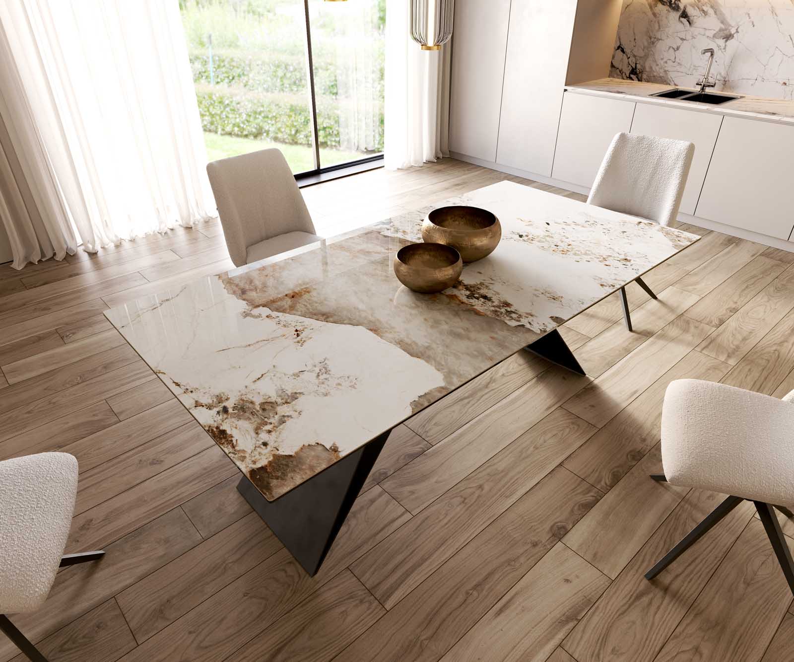 Esstisch Edge 200x100 Keramik Minas Melange Weiß-Beige V-Gestell Flachstahl Schwarz 5