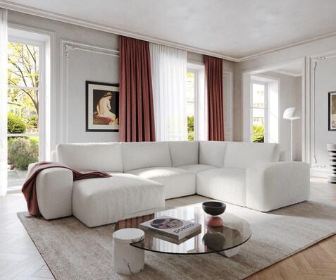Wohnlandschaft Lanzo 300x210 cm Bouclé Creme-Weiß Recamiere variabel