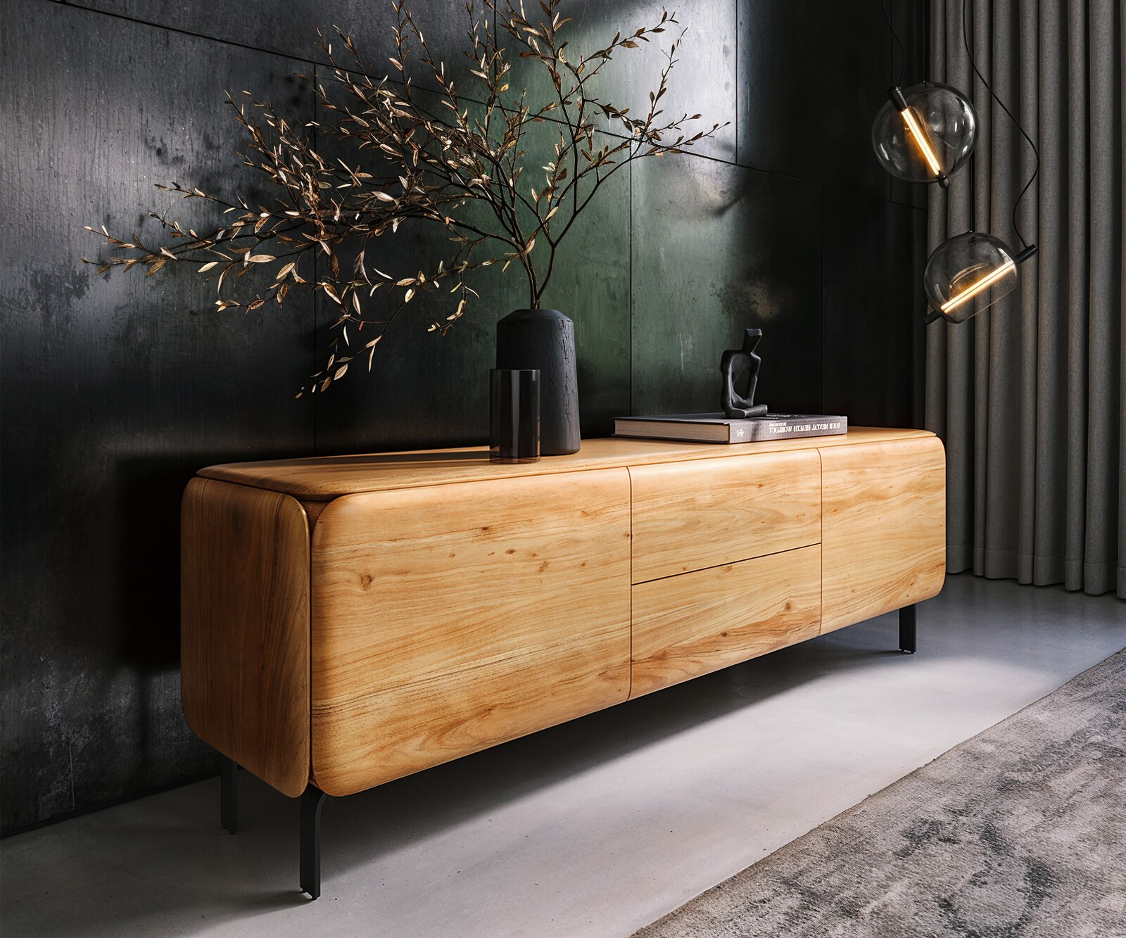 Lowboard Shavani 175 cm Akazie Natur 2 Türen 2 Schubladen L-Fuß Metall Schwarz 1