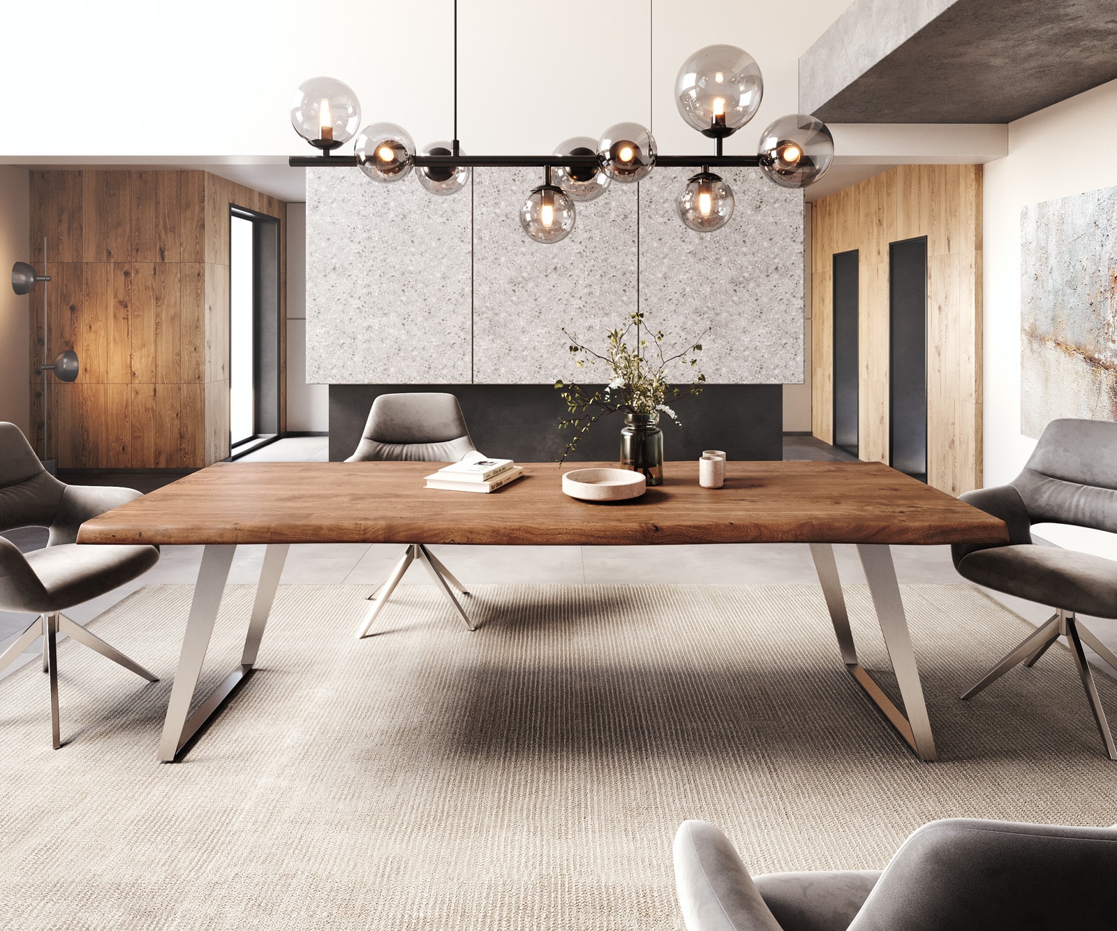 Esstisch Edge 260x100cm XL Akazie Braun Edelstahl Silber schräg Live-Edge 2