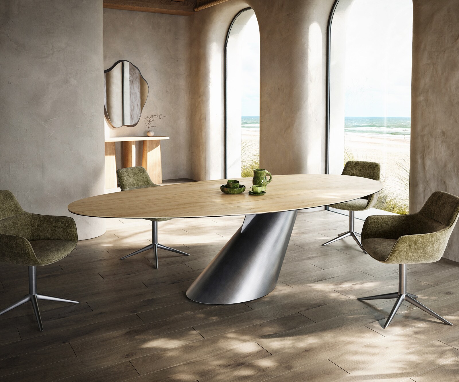 Esstisch Edge Oval 280x130 Keramik Laminam® Sabbia Eichefarbig Cono Metallic Silber 1