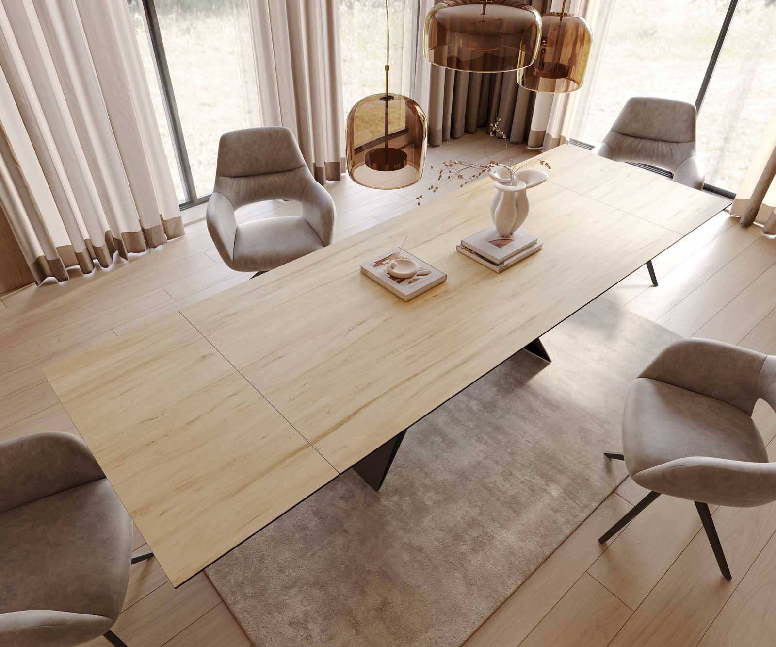 Esstisch Edge 200-300x100 Keramik Laminam® Sabbia Eichefarbig V-Gestell Flachstahl Schwarz ausziehbar 3