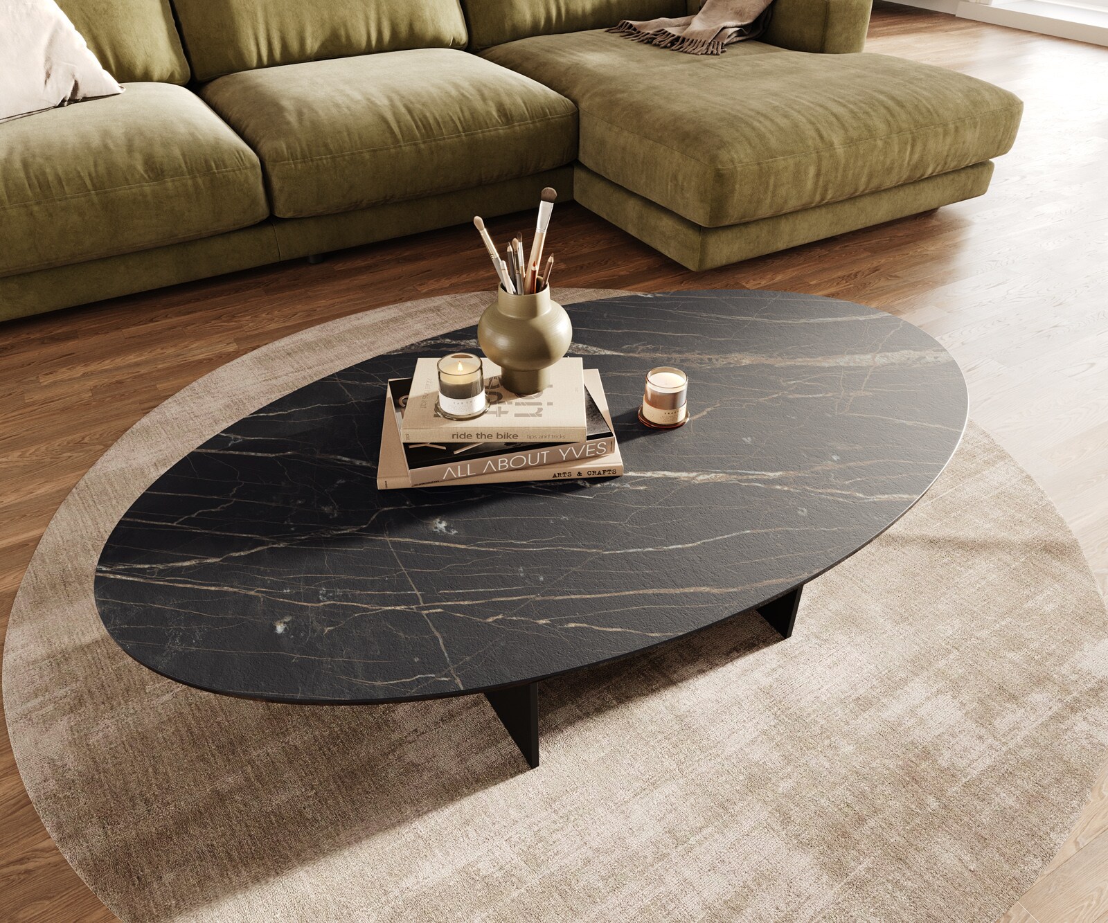 Couchtisch Edge Oval 140x80 cm Keramik Laminam® Noir Desir Braun Salto Metall Schwarz 4