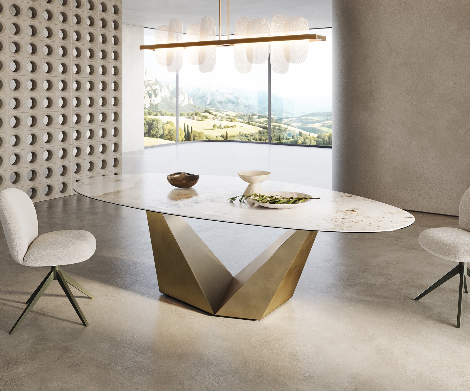 Esstisch Edge Oval 280x130 Keramik Minas Melange Weiß-Beige Prisma Metallic Gold 3