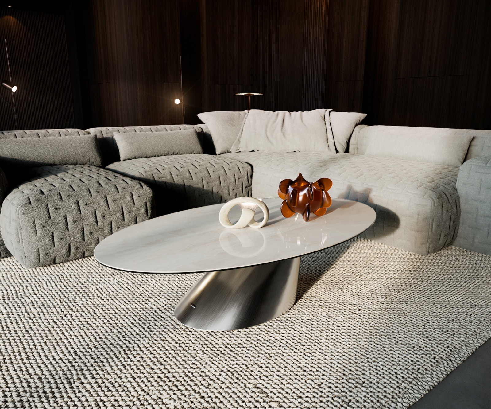 Couchtisch Edge Oval 140x80 cm Keramik Onyx Champagne Conis Edelstahl gebürstet