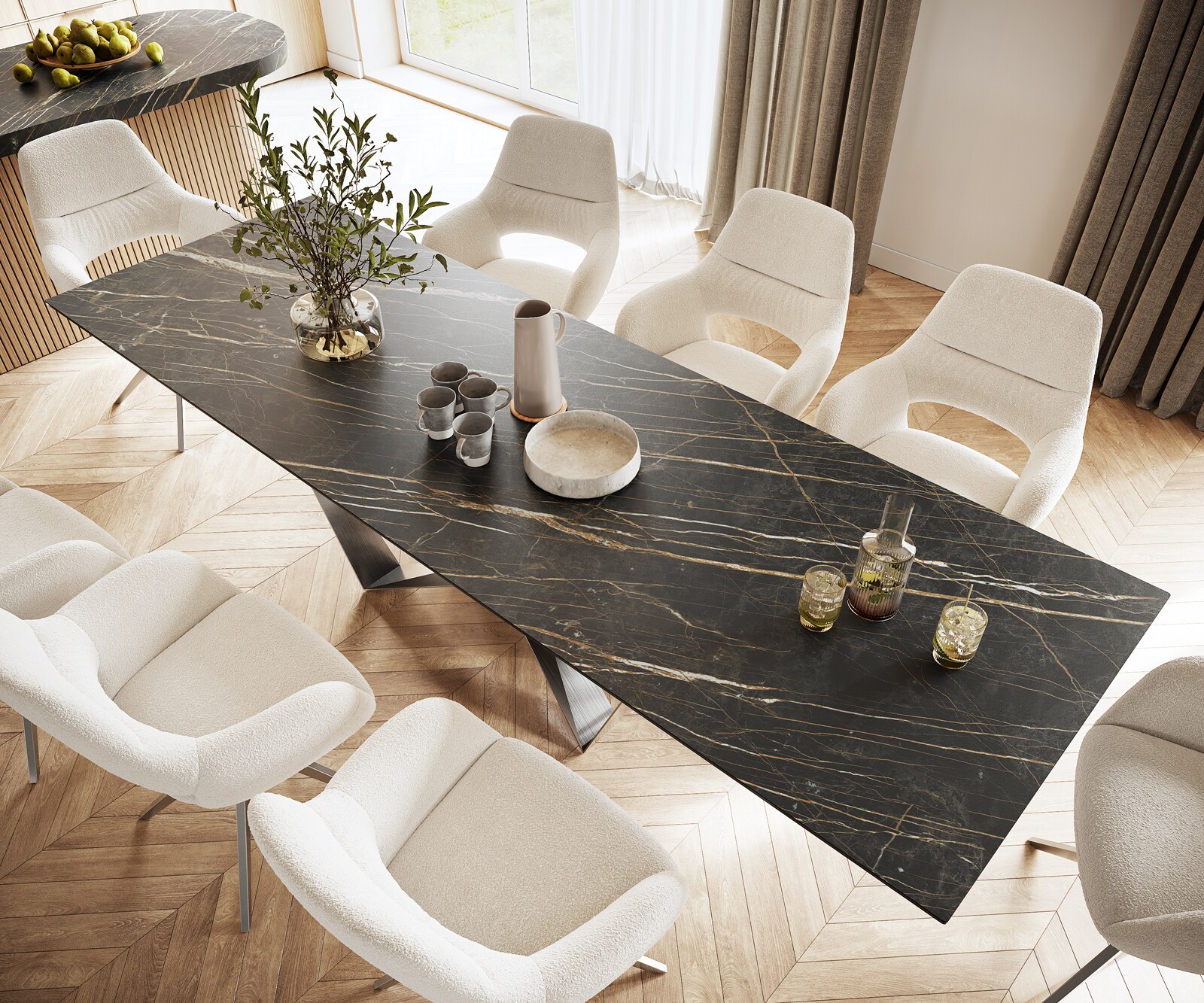Esstisch Edge 300x100cm Keramik Laminam®Noir Desir Braun Spider Flachstahl Edelstahl 3