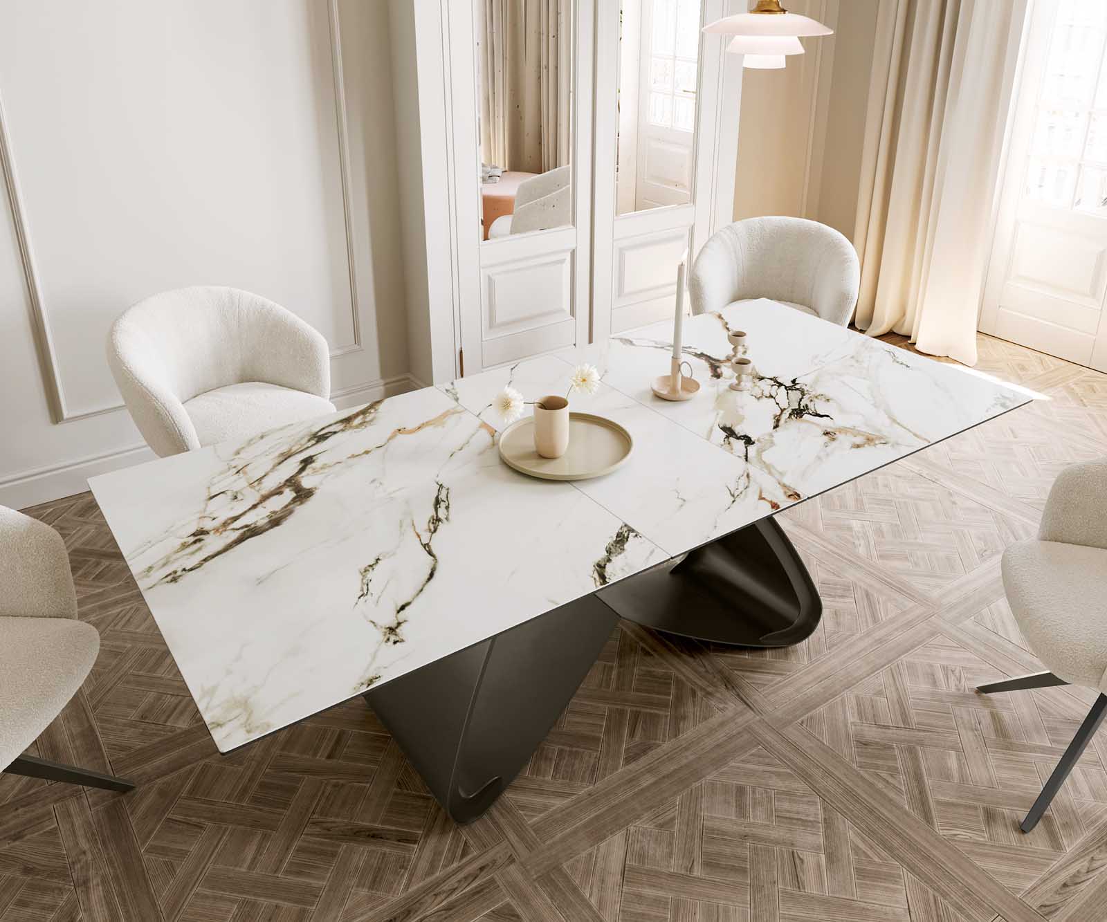 Esstisch Edge 180-220x100 Keramik Calacatta Luxe Weiß-Gold-Grau W-Gestell Effektfinish Titan Ausziehbar 5