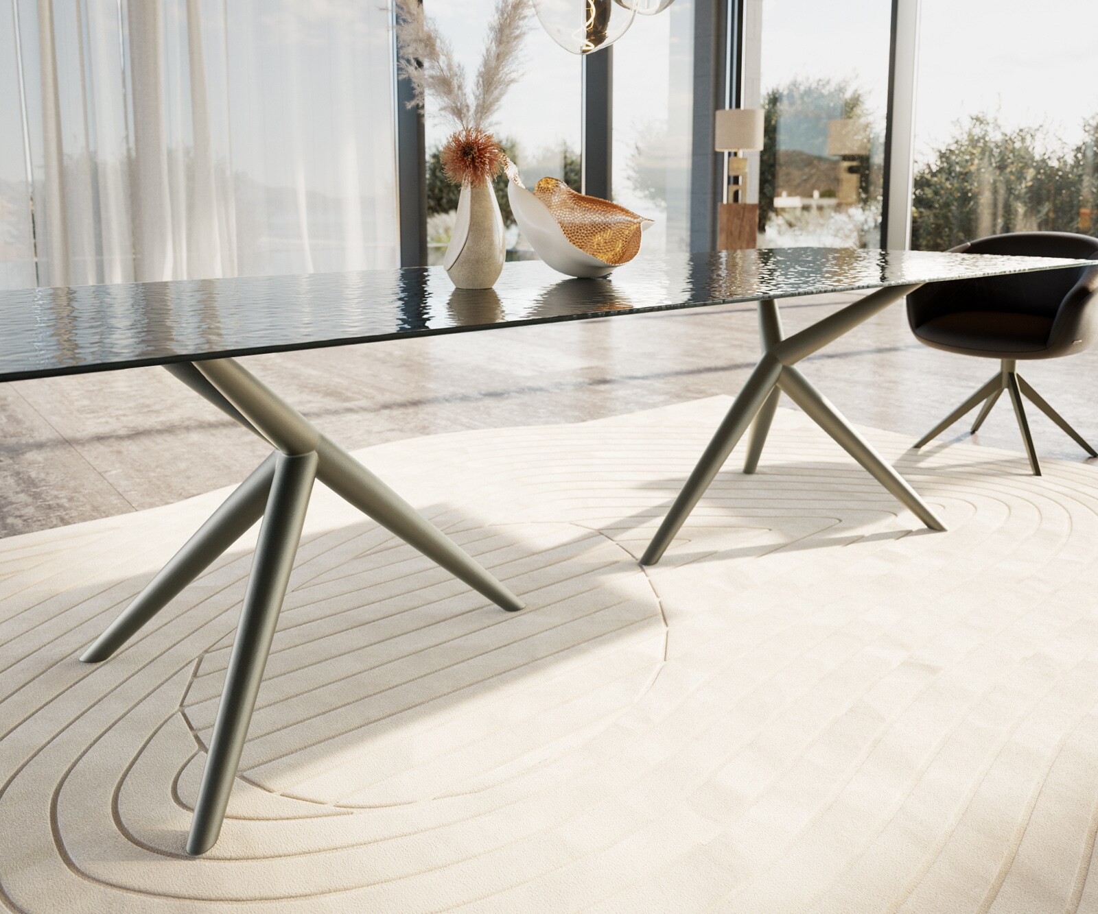 Esstisch Edge 300x100 Reliefglas Rauchschwarz 3D-Design Estelar rund Metall Effektfinish Titan 5