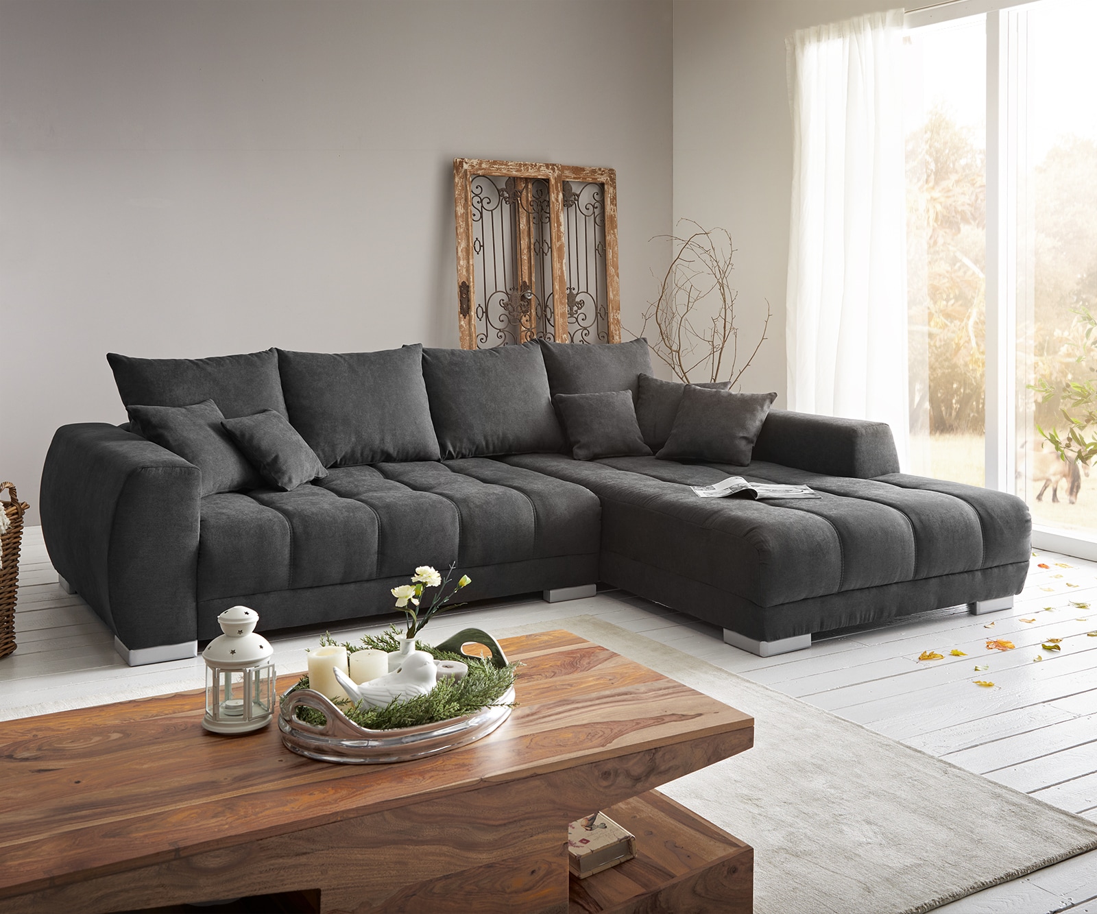 Ecksofa Josea 300x220 cm Mikrofaser Schwarz Recamiere rechts 1