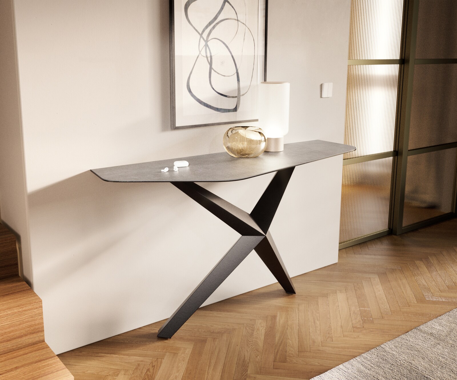 Konsolentisch Edge Polygonal 140x50 cm Keramik Beton Grau Zentharo Metall Schwarz 4