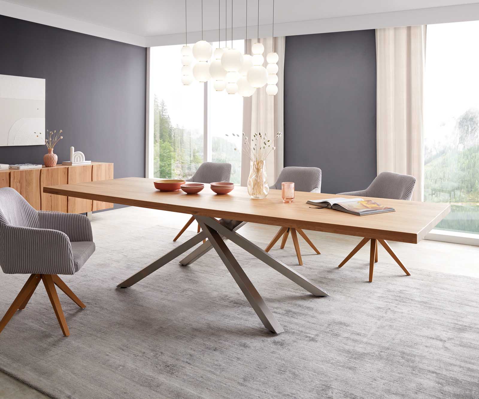 Esstisch Edge 300x100 Eiche Natur Kreuzgestell Rechteck Edelstahl 1