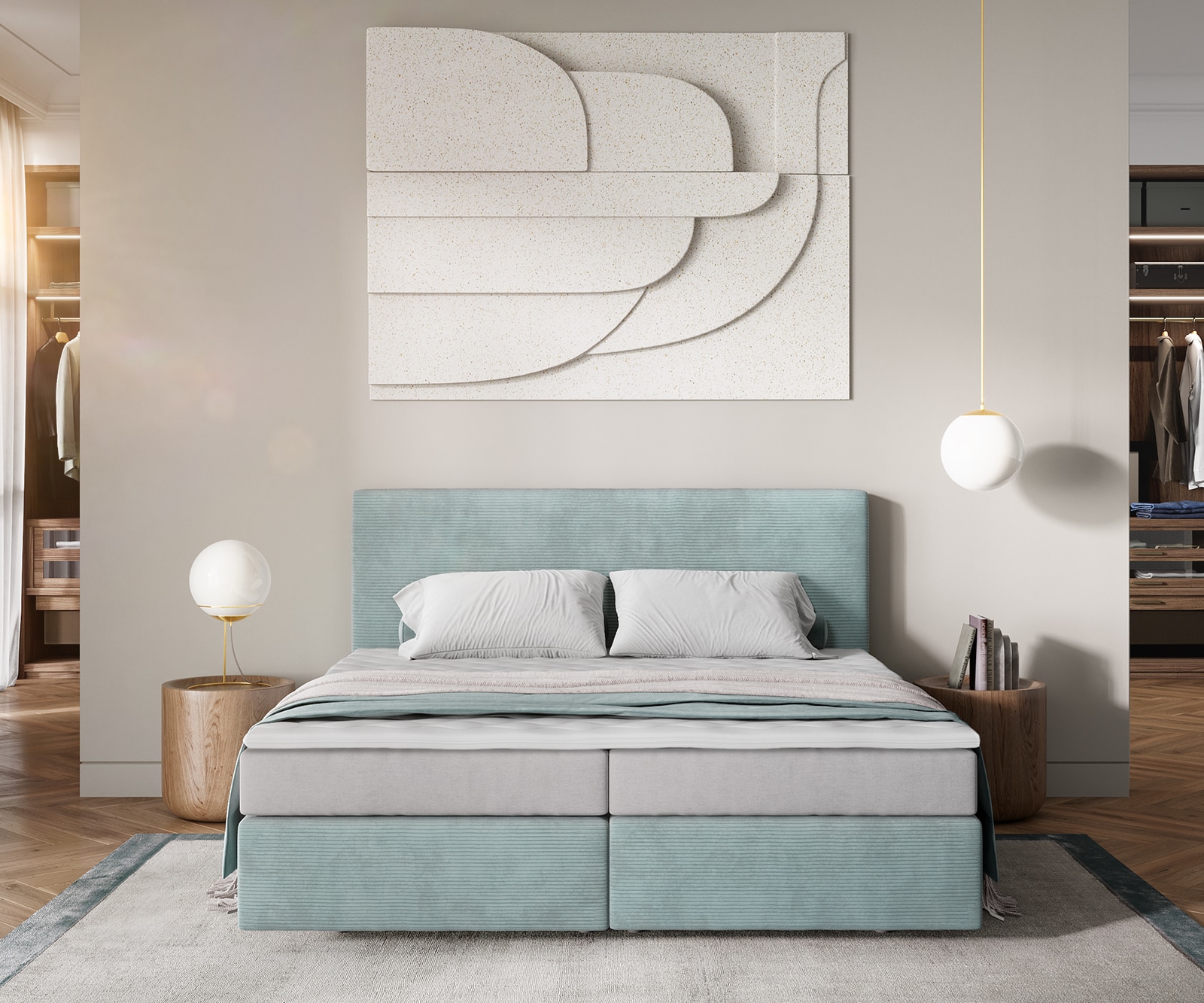 Boxspringbett Dream-Well 180x200 cm Cord Pastellblau mit Taschenfederkernmatratze und Topper Visco 1 Boxspringbett Dream-Well 180x200 cm Cord Pastellblau mit Taschenfederkernmatratze und Topper Visco 1