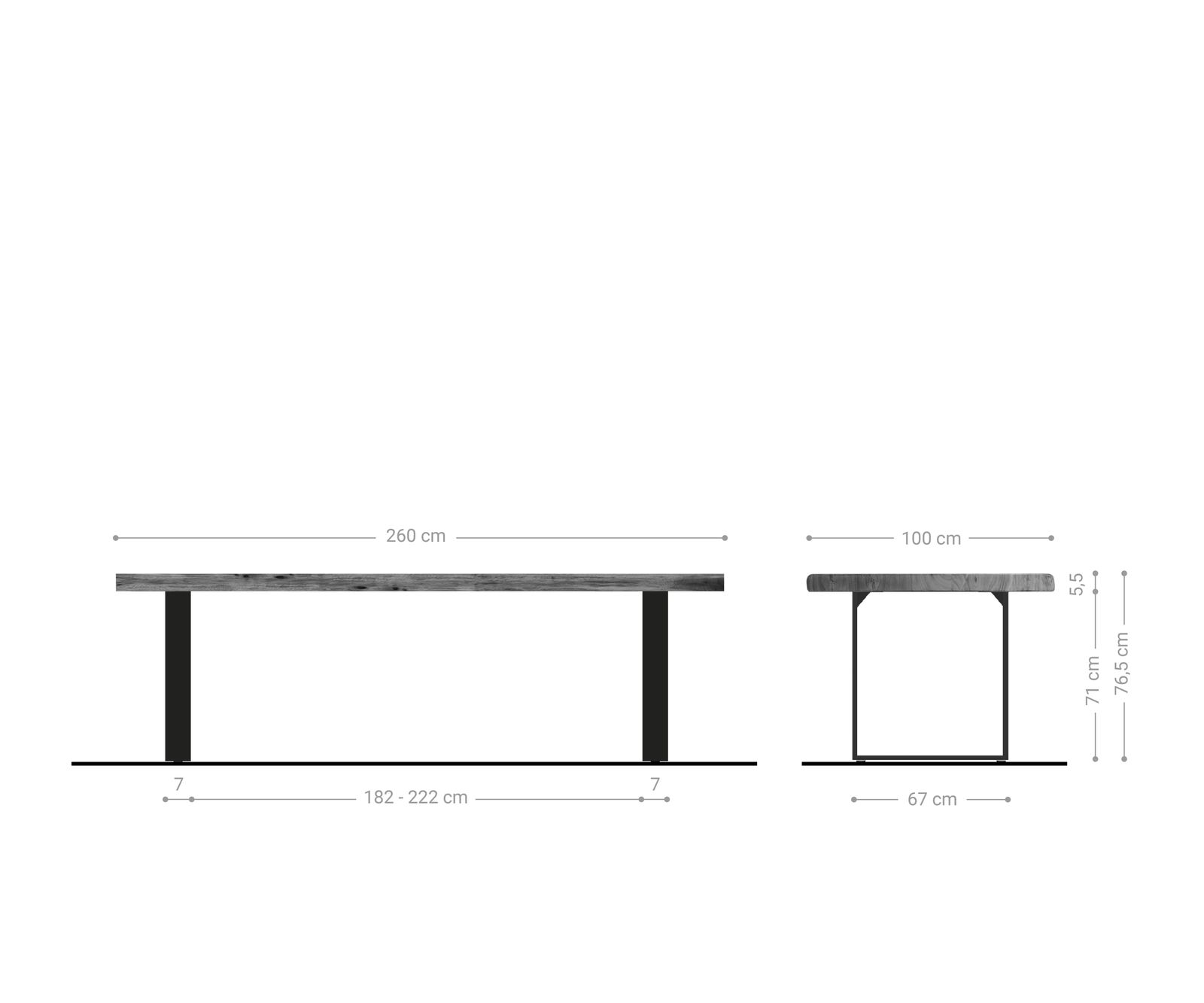 Esstisch Edge 260x100 XL Akazie Platin Metall Schmal schwarz Live-Edge 6