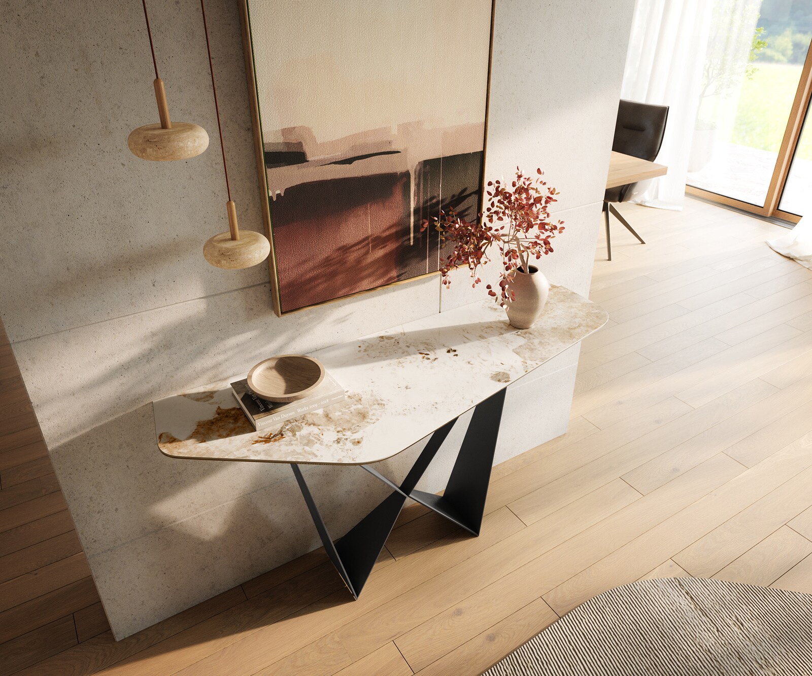 Konsolentisch Edge Polygonal 140x50 cm Keramik Minas Melange Weiß-Beige Spios Metall Schwarz 1