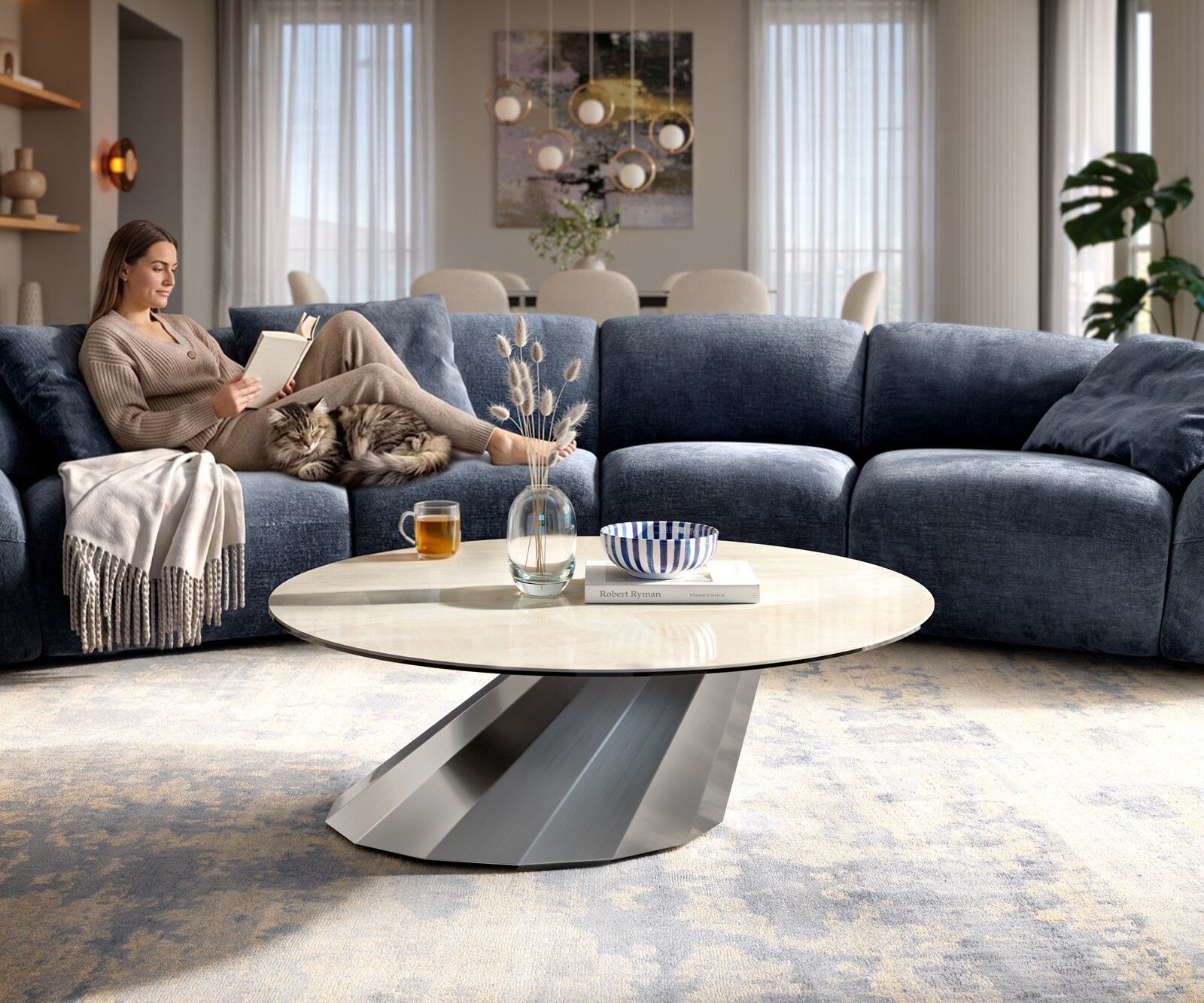 Couchtisch Edge Rund 100x100 cm Keramik Onyx Champagne Parabi Edelstahl gebürstet 6