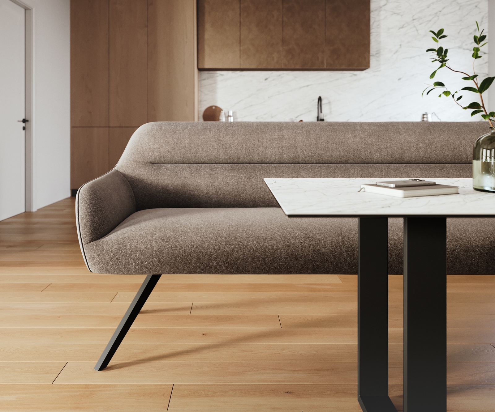 Esszimmerbank Taya-Flex 300 cm Strukturstoff Soft Taupe Kreuzgestell kantig Schwarz Taschenfederkern 1