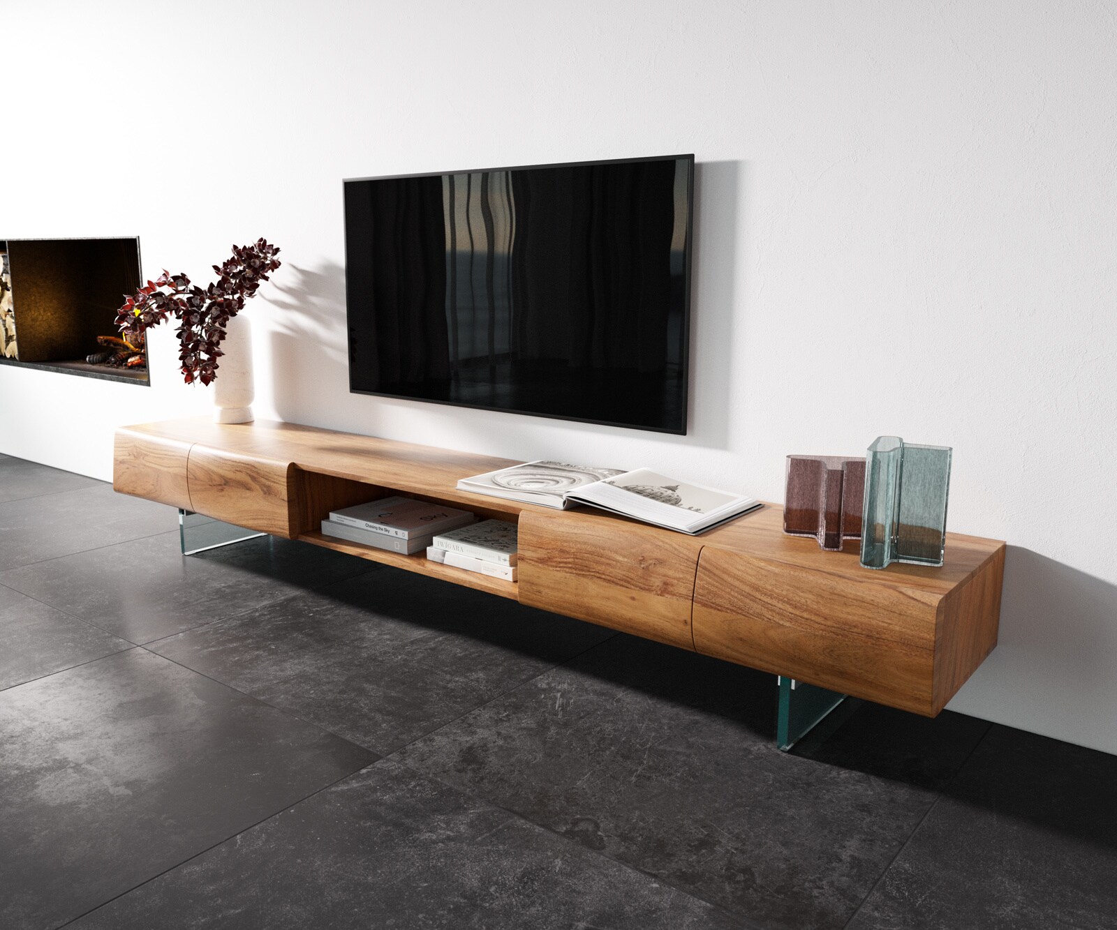 Lowboard New Live-Edge 240 cm Akazie Natur 4 Türen 1 Fach Glasfuß