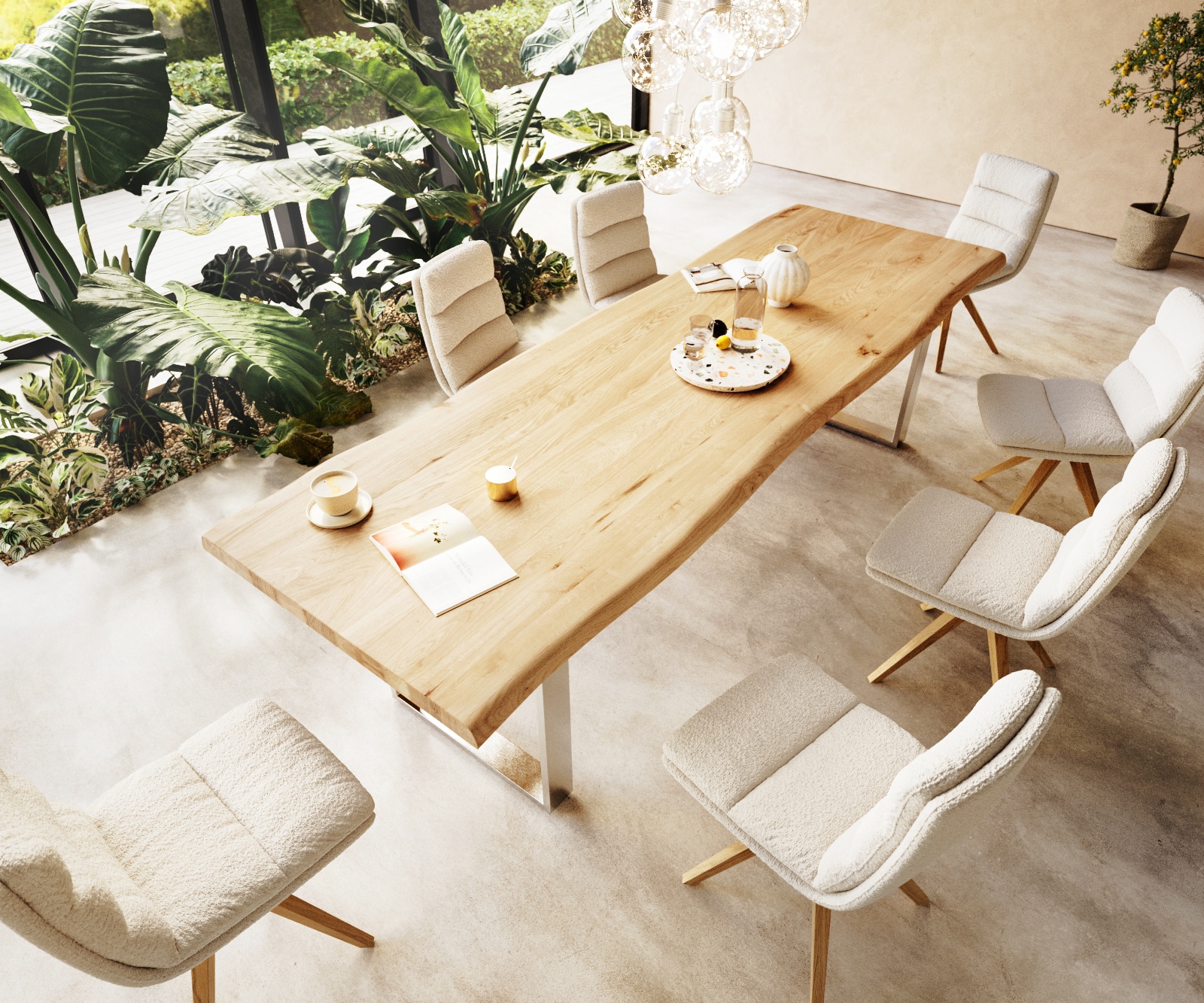 Esstisch Edge 300x100 Eiche Natur Edelstahl Schmal Live-Edge 2