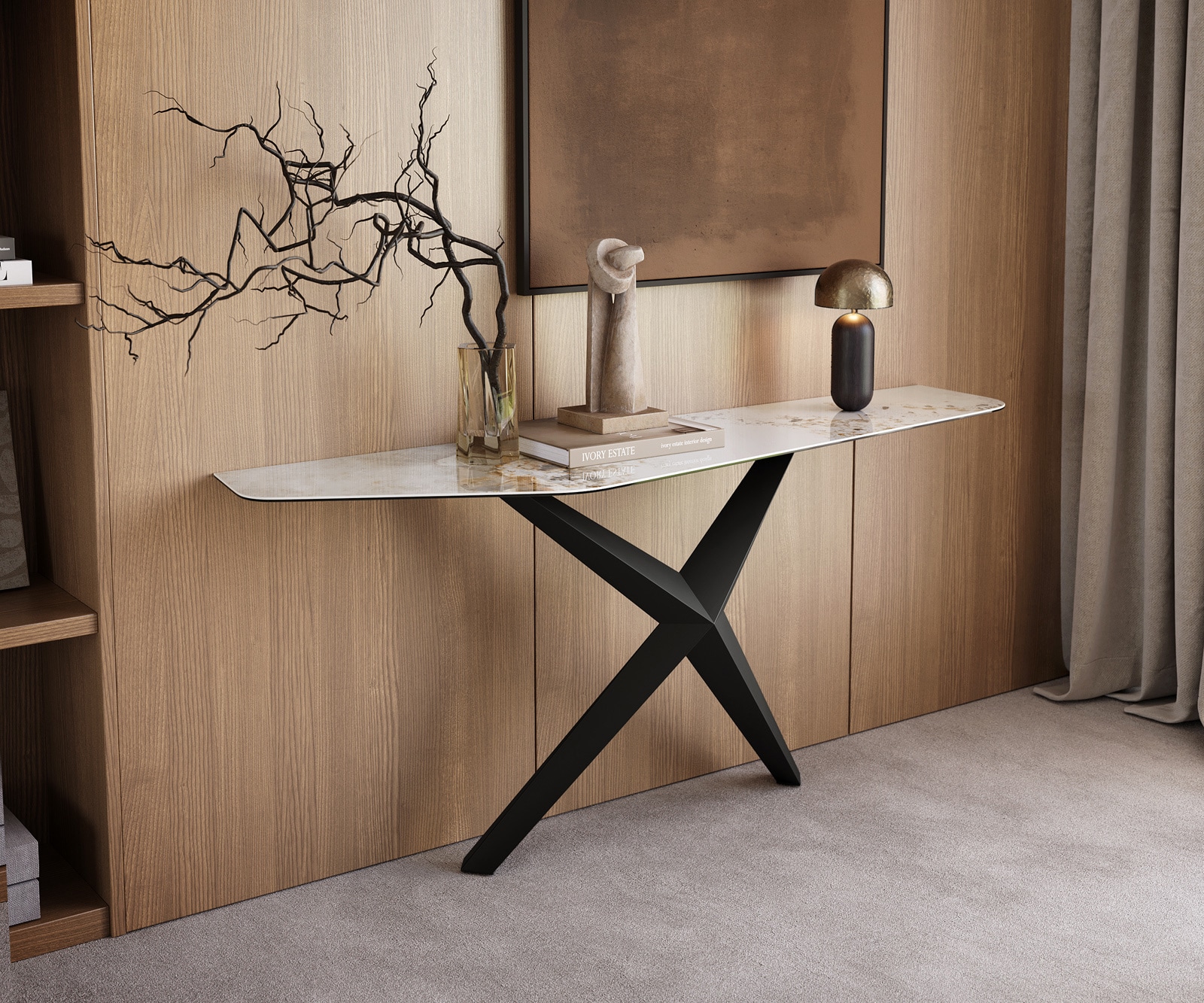 Konsolentisch Edge Polygonal 180x50 cm Keramik Minas Melange Weiß-Beige Zentharo Metall Schwarz