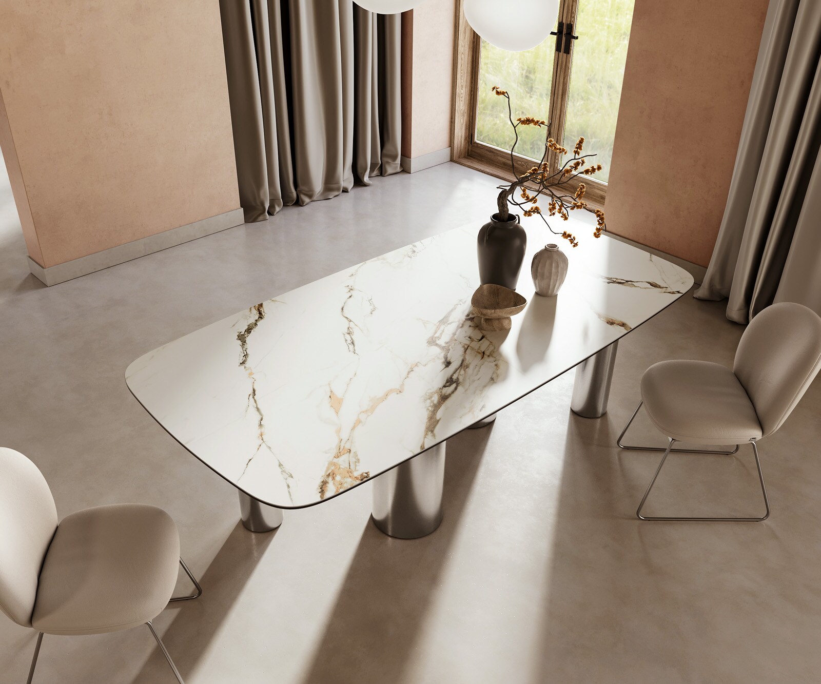 Esstisch Edge Boot 240x120cm Keramik Calacatta Luxe Weiß-Gold-Grau Pilier Edelstahl 4