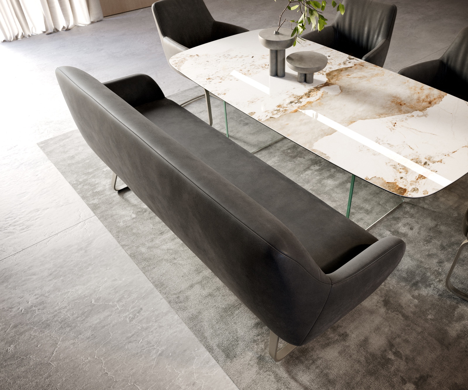 Esszimmerbank Taya-Flex 200 cm Mikrofaser Anthrazit Vintage Kufengestell flach Effektfinish Titan Taschenfederkern 3