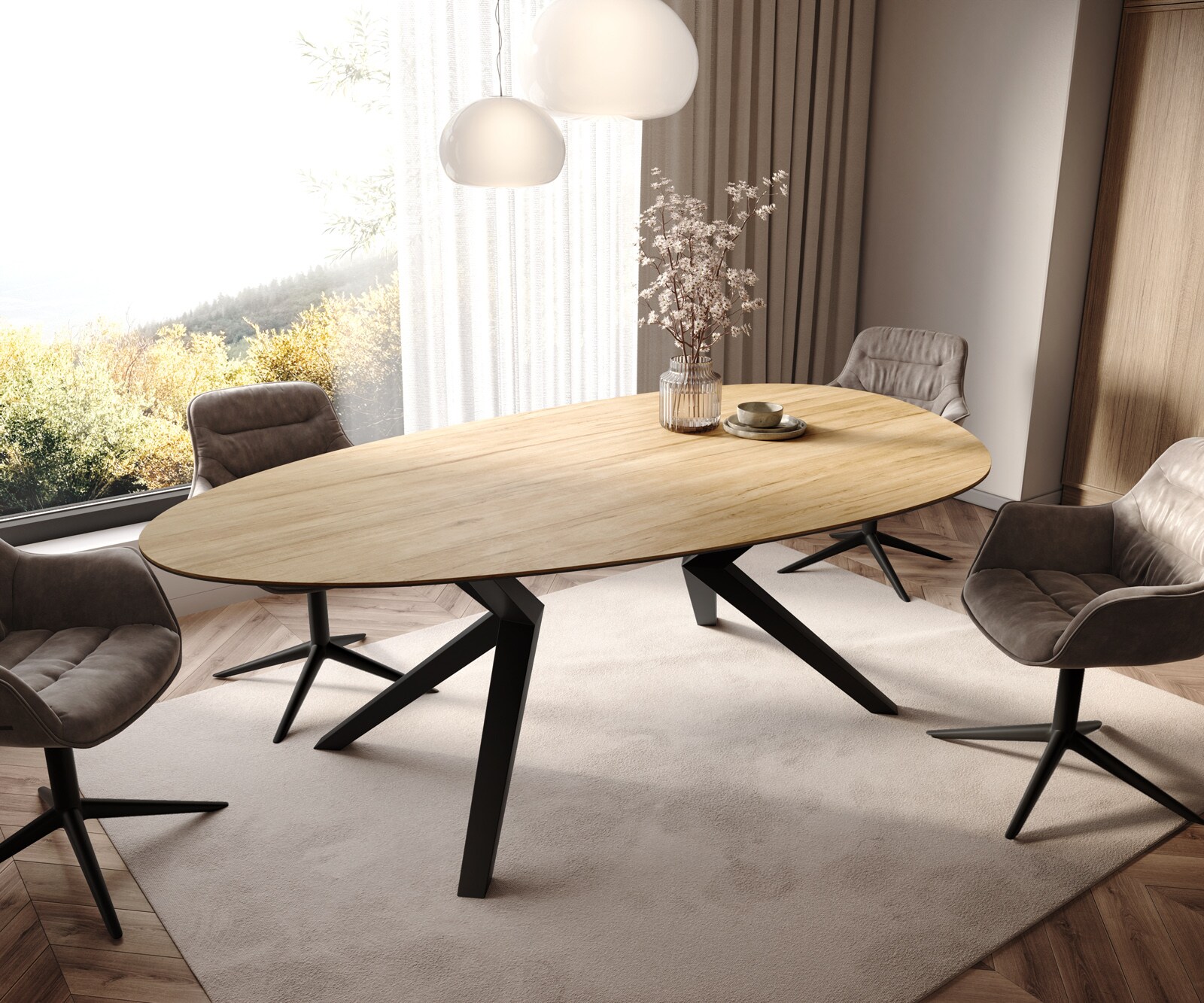 Esstisch Edge Oval 220x120 Keramik Laminam® Sabbia Eichefarbig Zenthara kantig Metall Schwarz