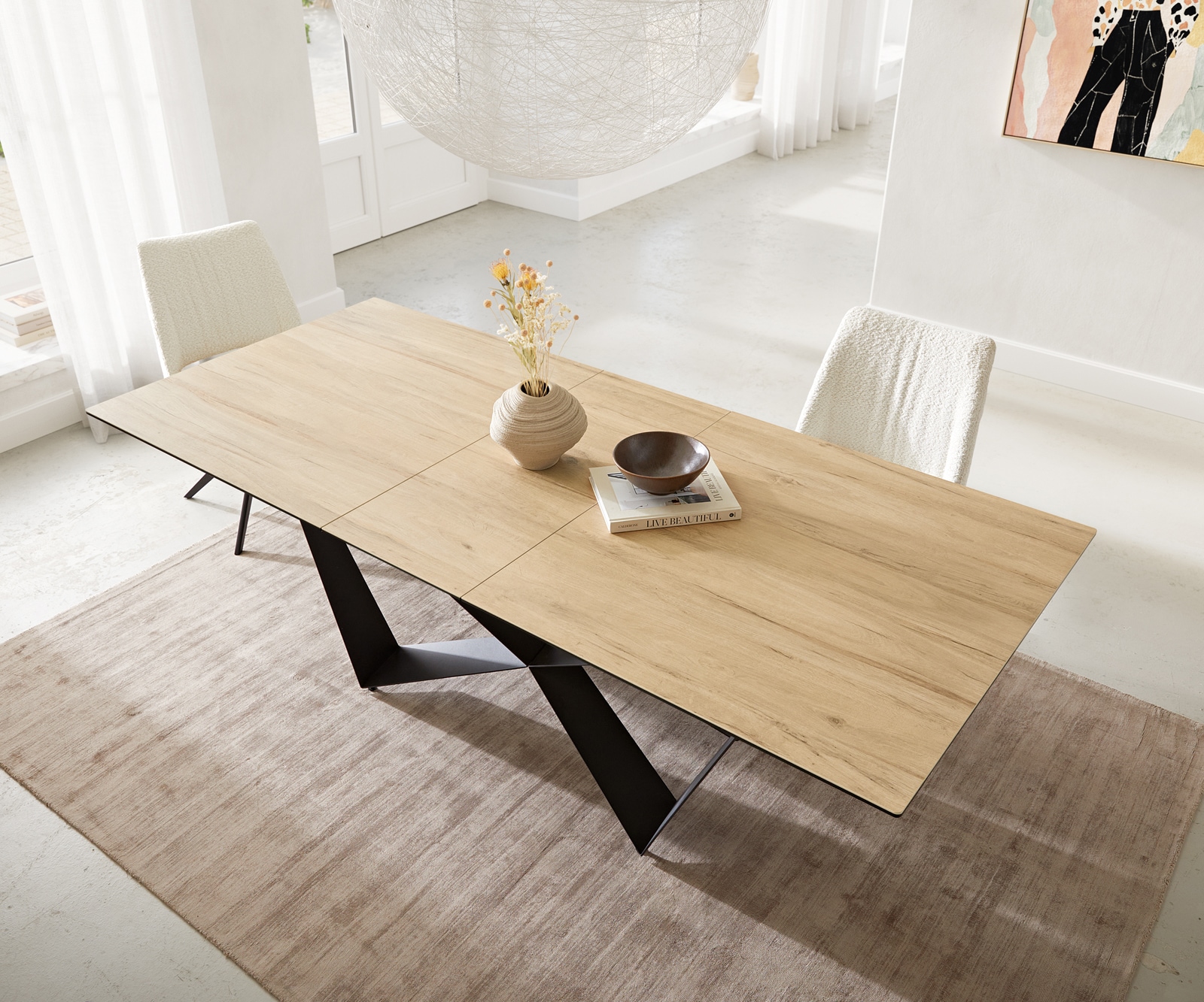 Esstisch Edge 180-220x100 Keramik Laminam® Sabbia Eichefarbig Spider Flachstahl Schwarz ausziehbar 6