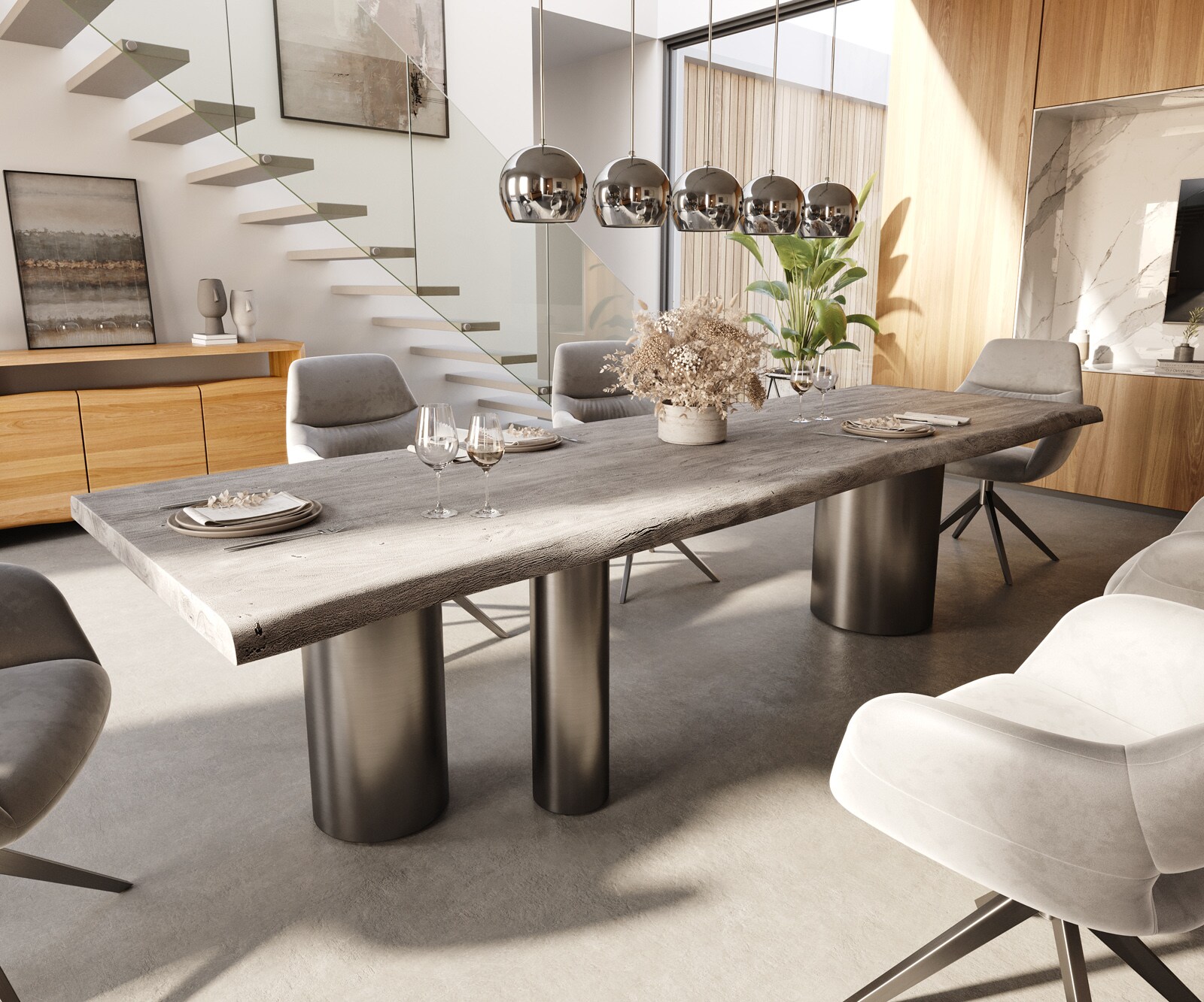 Esstisch Edge 300x100 XL Akazie Platin Troa Edelstahl Graphit Live-Edge