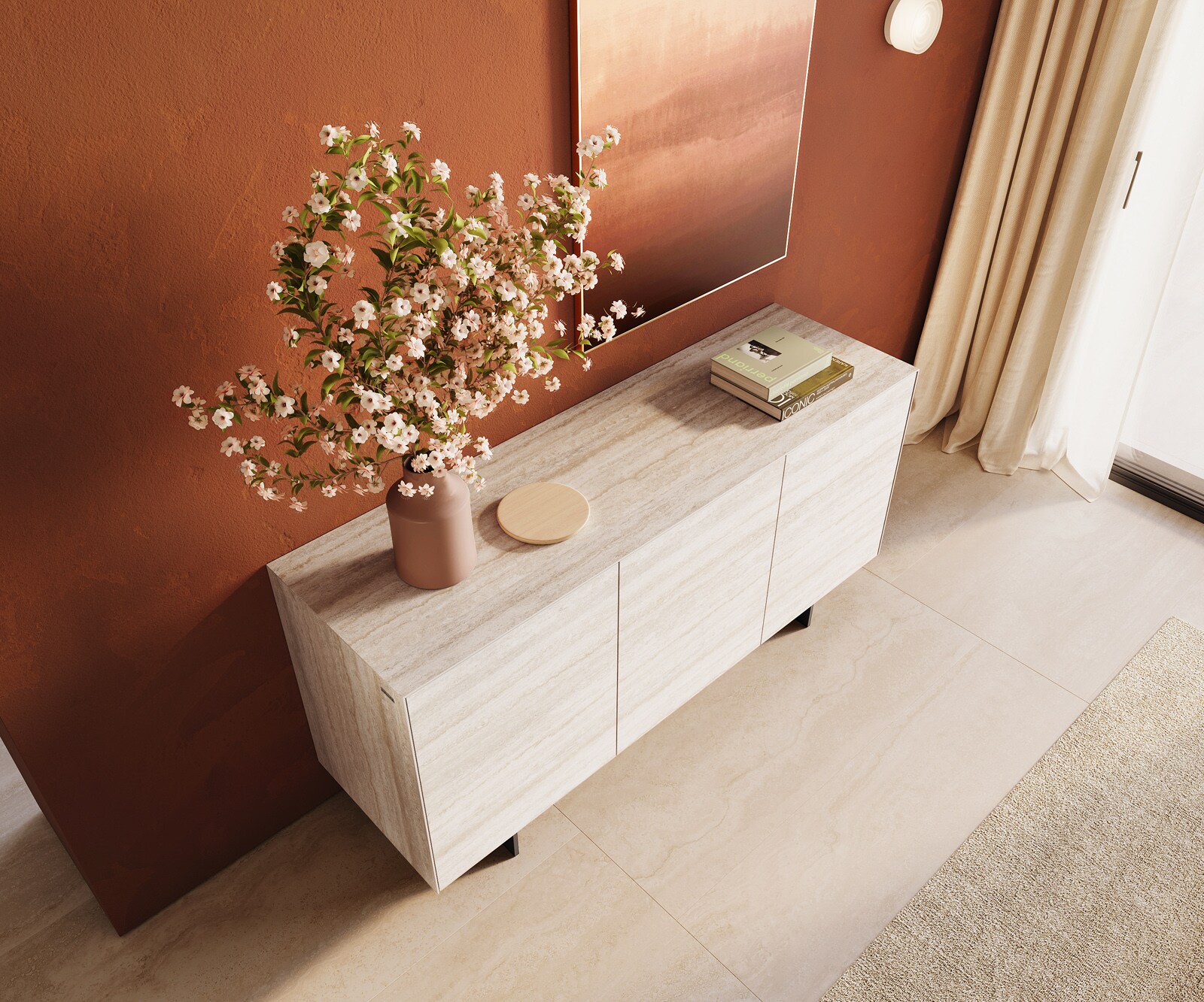 Sideboard Cuor 150 cm Keramik Laminam® Travertino Bianco Creme-Weiß 3 Türen Fuß Schwebeoptik Metall Schwarz 4