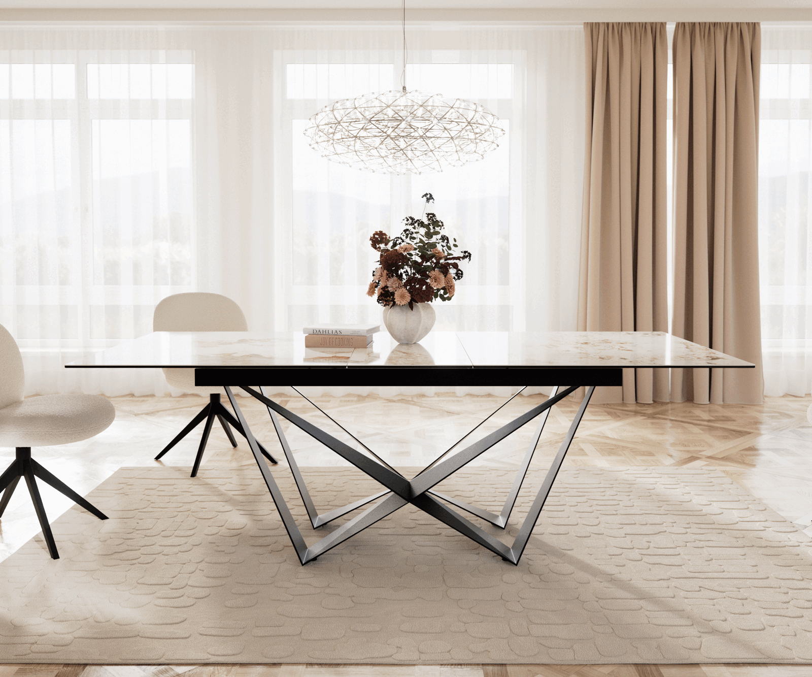 Esstisch Edge 180-220x100 Keramik Minas Melange Weiß-Beige Spider Flachstahl Schwarz ausziehbar 1
