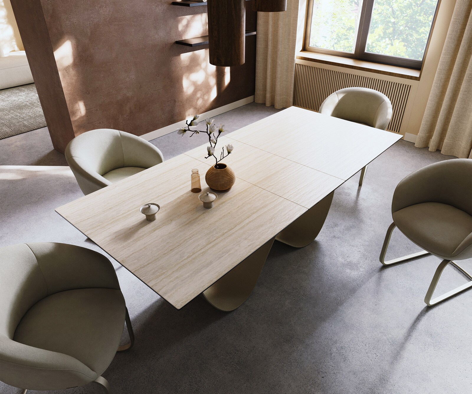 Esstisch Edge 180-220x100 Keramik Laminam® Travertino Bianco Creme-Weiß Infinity Metall Effektfinish Titan ausziehbar 3
