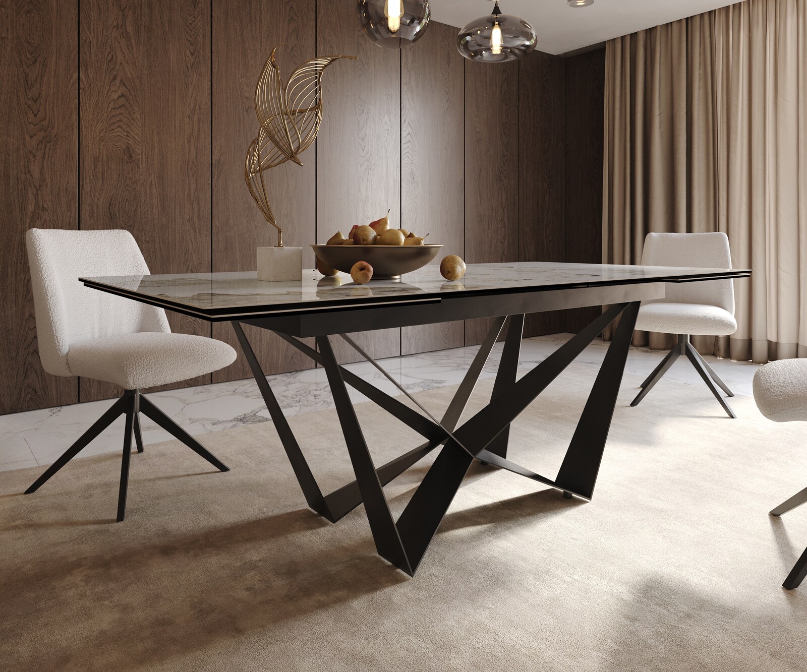 Esstisch Edge 200-300x100 Keramik Minas Melange Weiß-Beige Spider Flachstahl Schwarz ausziehbar 6