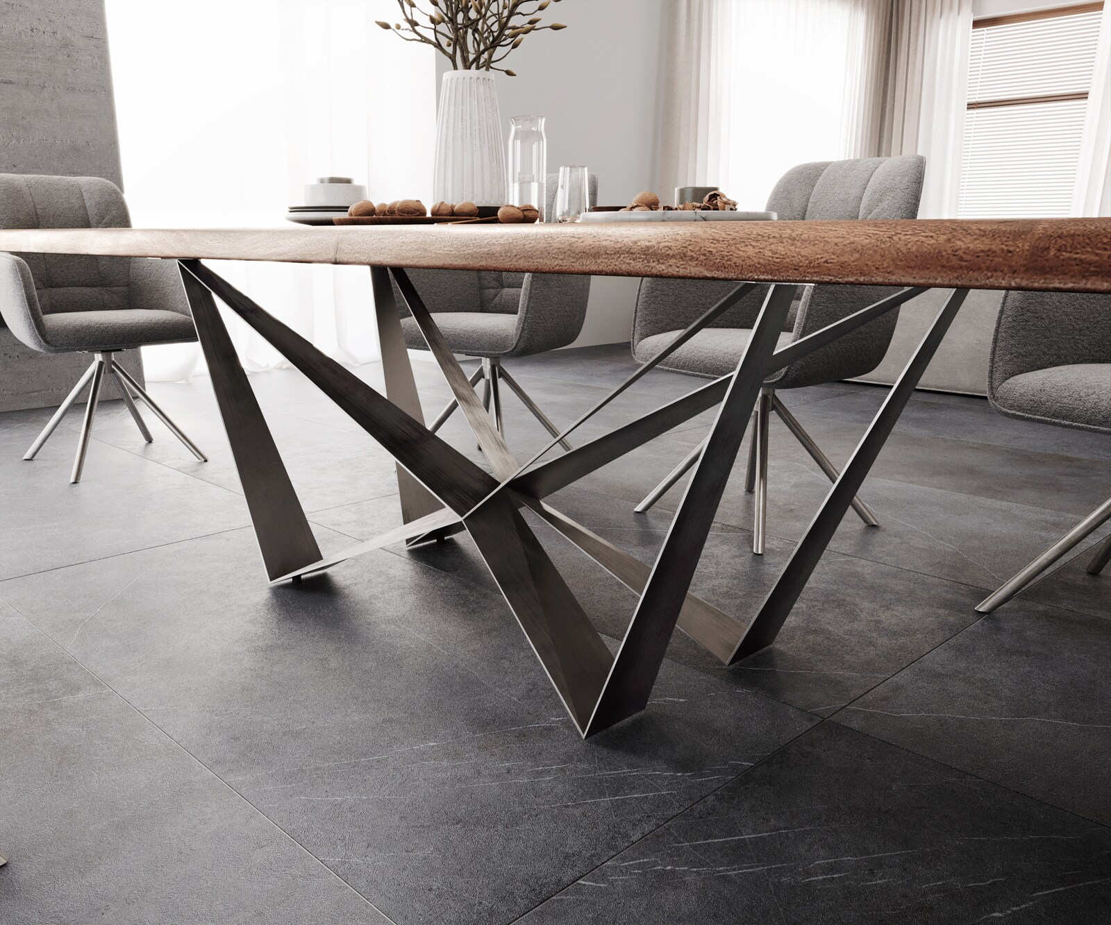 Esstisch Edge 300x100 XL Akazie Braun Spider Flachstahl Edelstahl Live-Edge 6