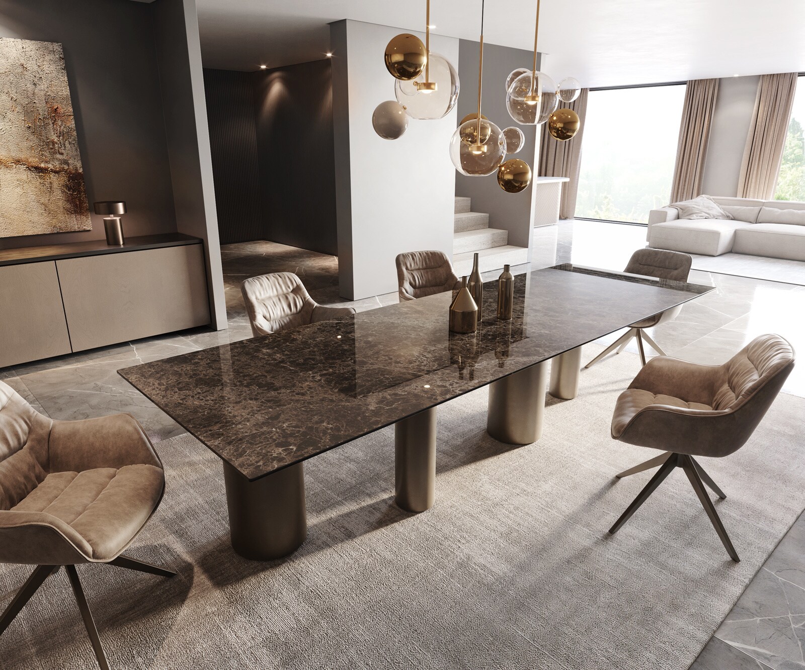 Esstisch Edge 300x100 Keramik Laminam® Emperador Extra Lucidato Dunkelbraun Pilier Metall Effektfinish Titan 2