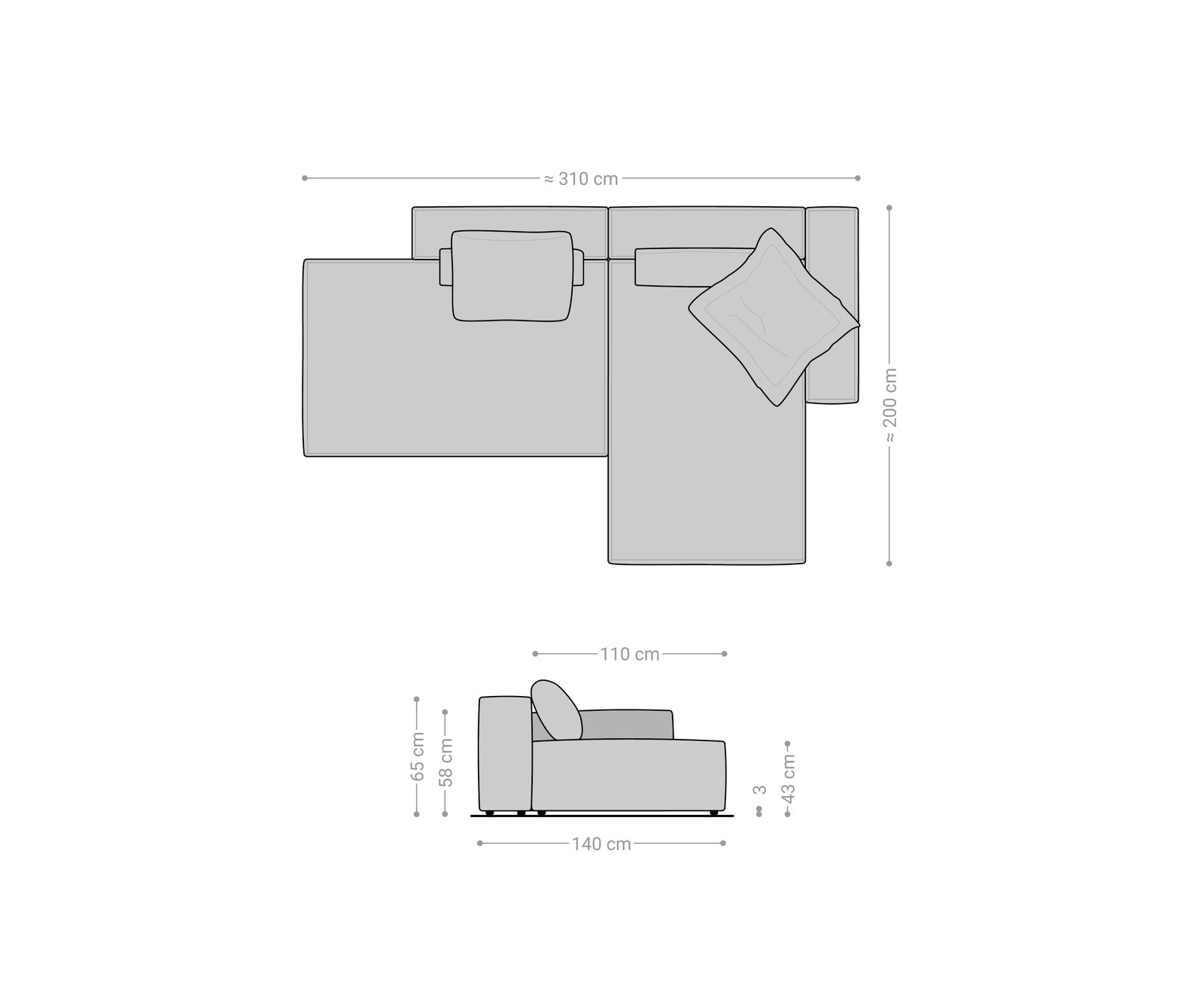 Ecksofa Freestyle 310x200 cm Strukturstoff Soft Grau Kedernaht 6